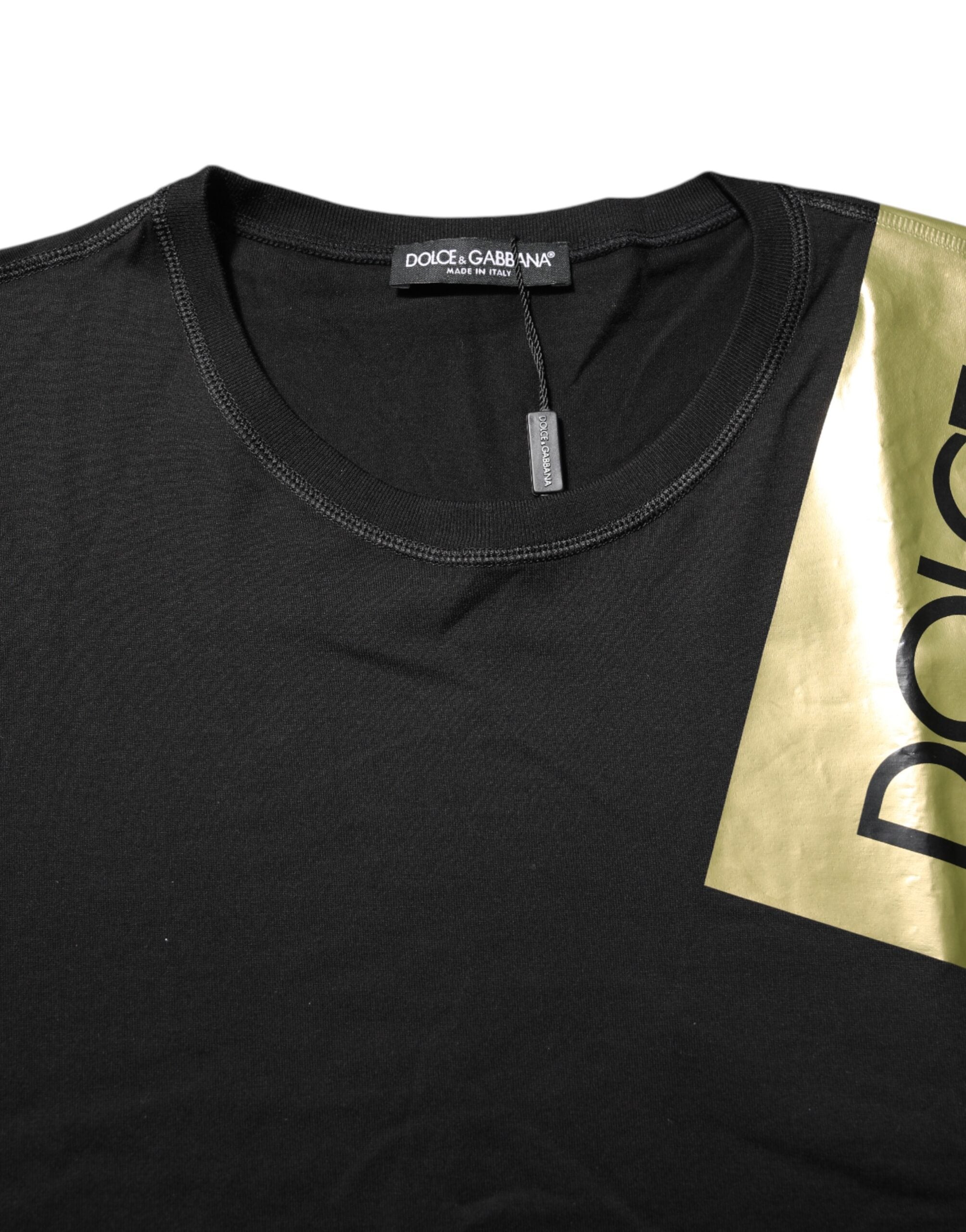 Dolce & Gabbana Schwarzes Logo Tape Baumwolle Herren T-Shirt mit Rundhalsausschnitt