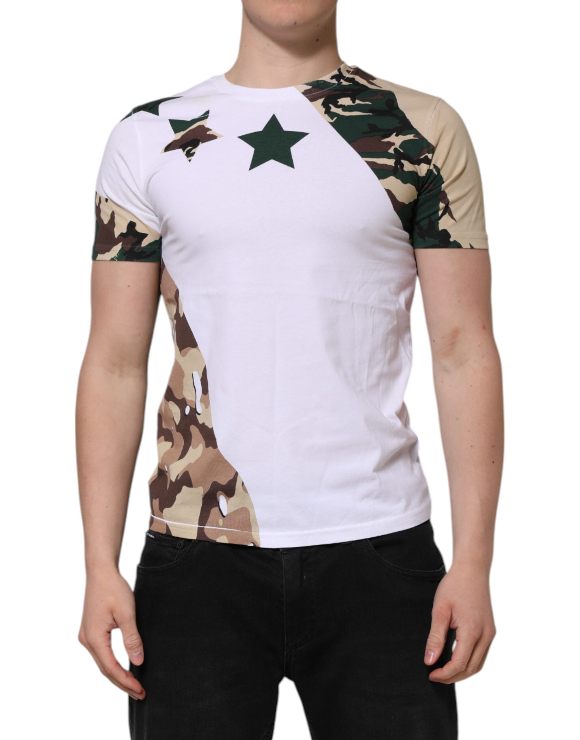 Dolce & Gabbana Weißes Camouflage-Baumwoll-T-Shirt mit Rundhalsausschnitt für Männer