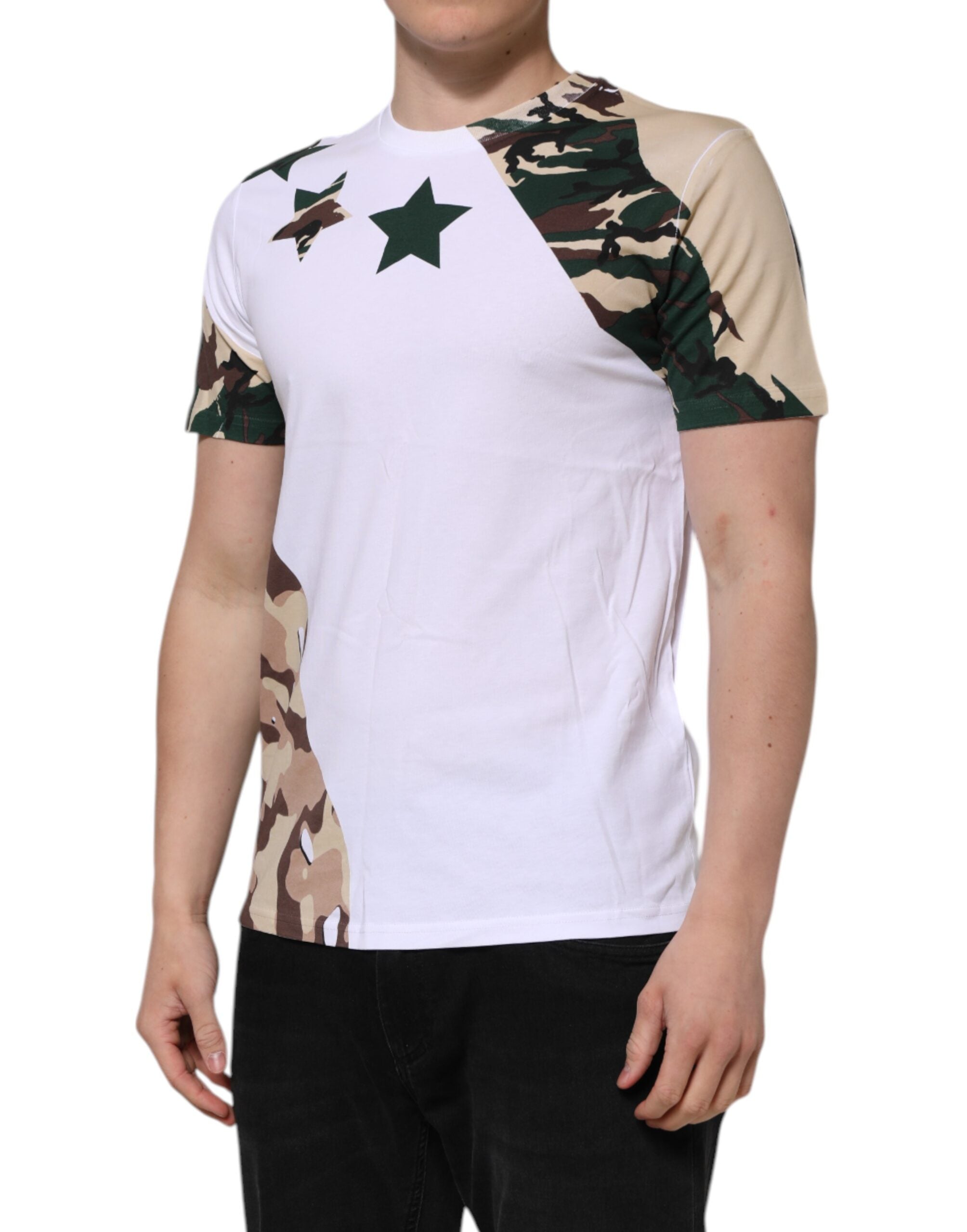 Dolce & Gabbana Weißes Camouflage-Baumwoll-T-Shirt mit Rundhalsausschnitt für Männer
