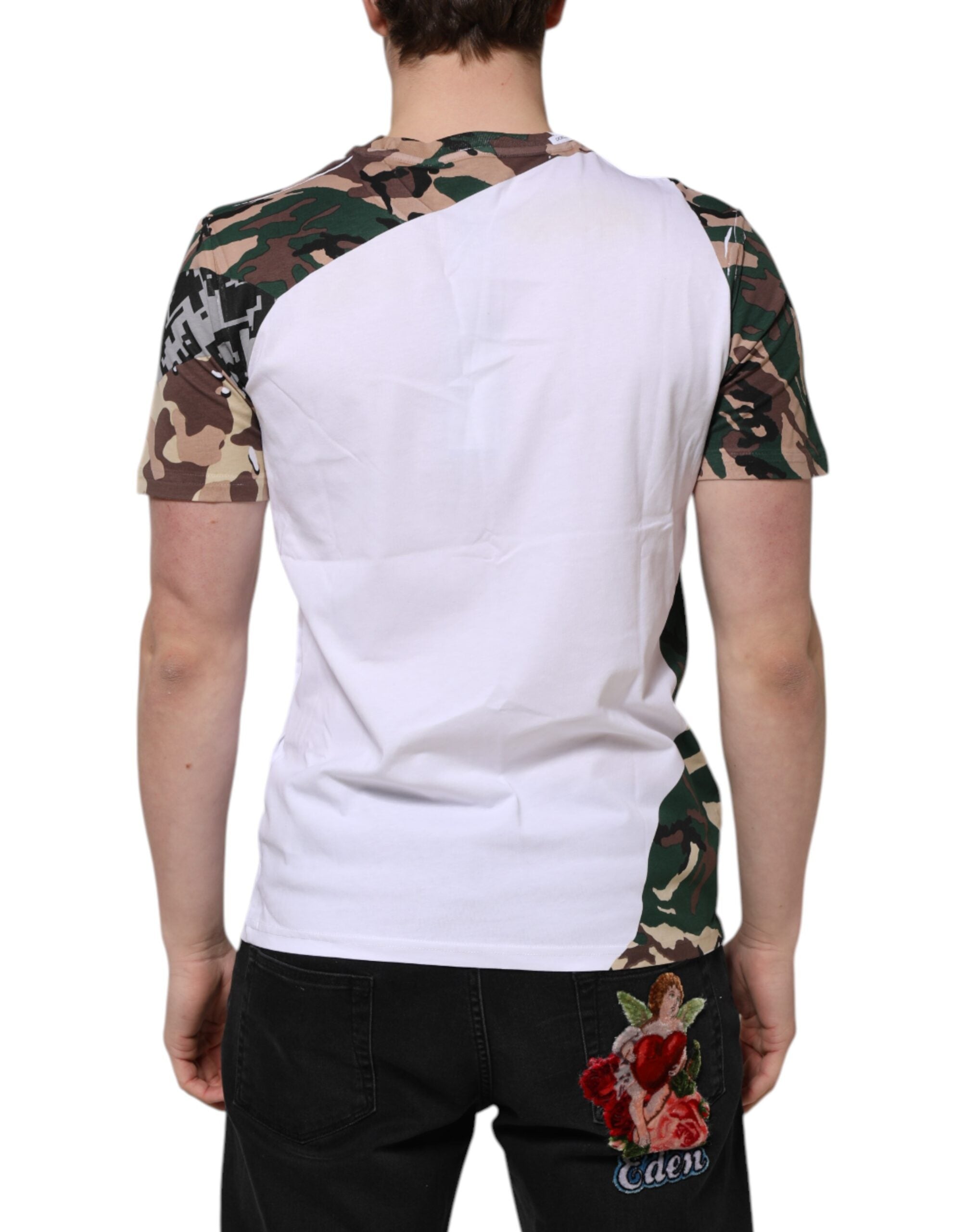 Dolce & Gabbana Weißes Camouflage-Baumwoll-T-Shirt mit Rundhalsausschnitt für Männer