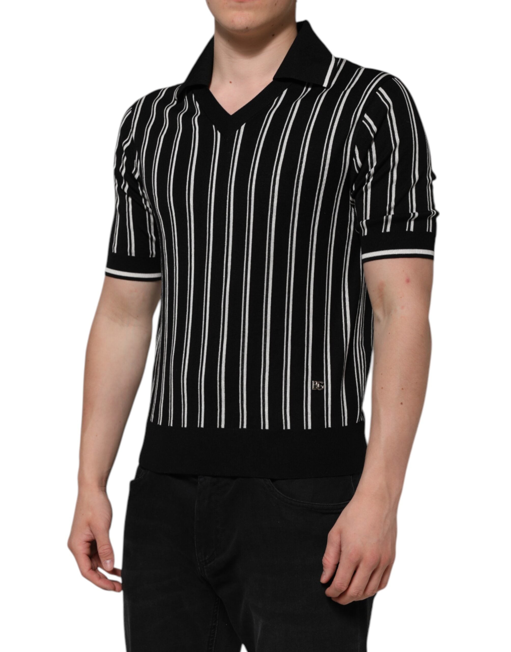 Dolce & Gabbana Schwarz-weiß gestreiftes Polo-T-Shirt mit Kragen