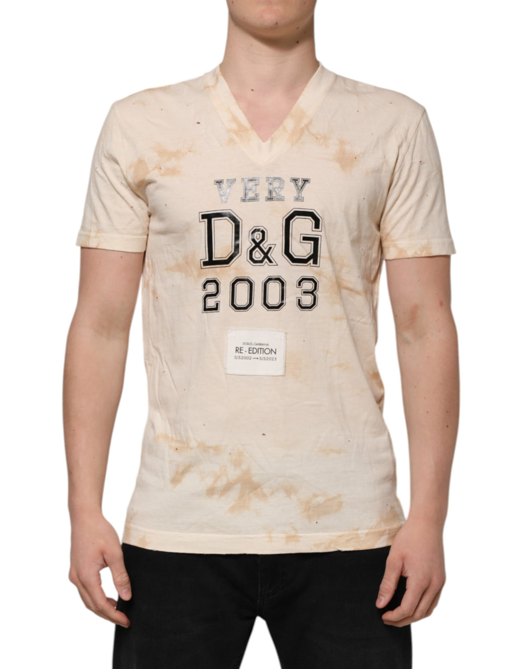 Dolce & Gabbana Beige Logo-Druck Kurzarm-T-Shirt mit V-Ausschnitt