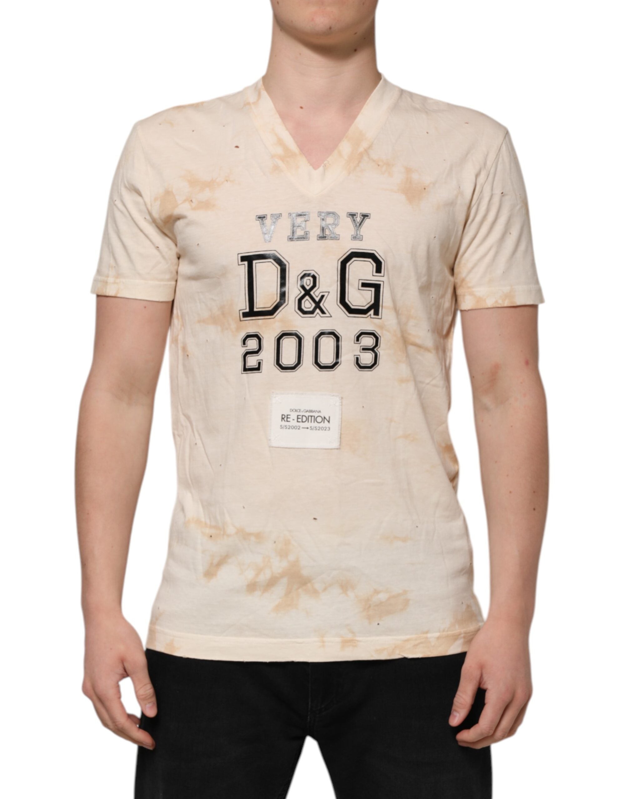 Dolce & Gabbana Beige Logo-Druck Kurzarm-T-Shirt mit V-Ausschnitt