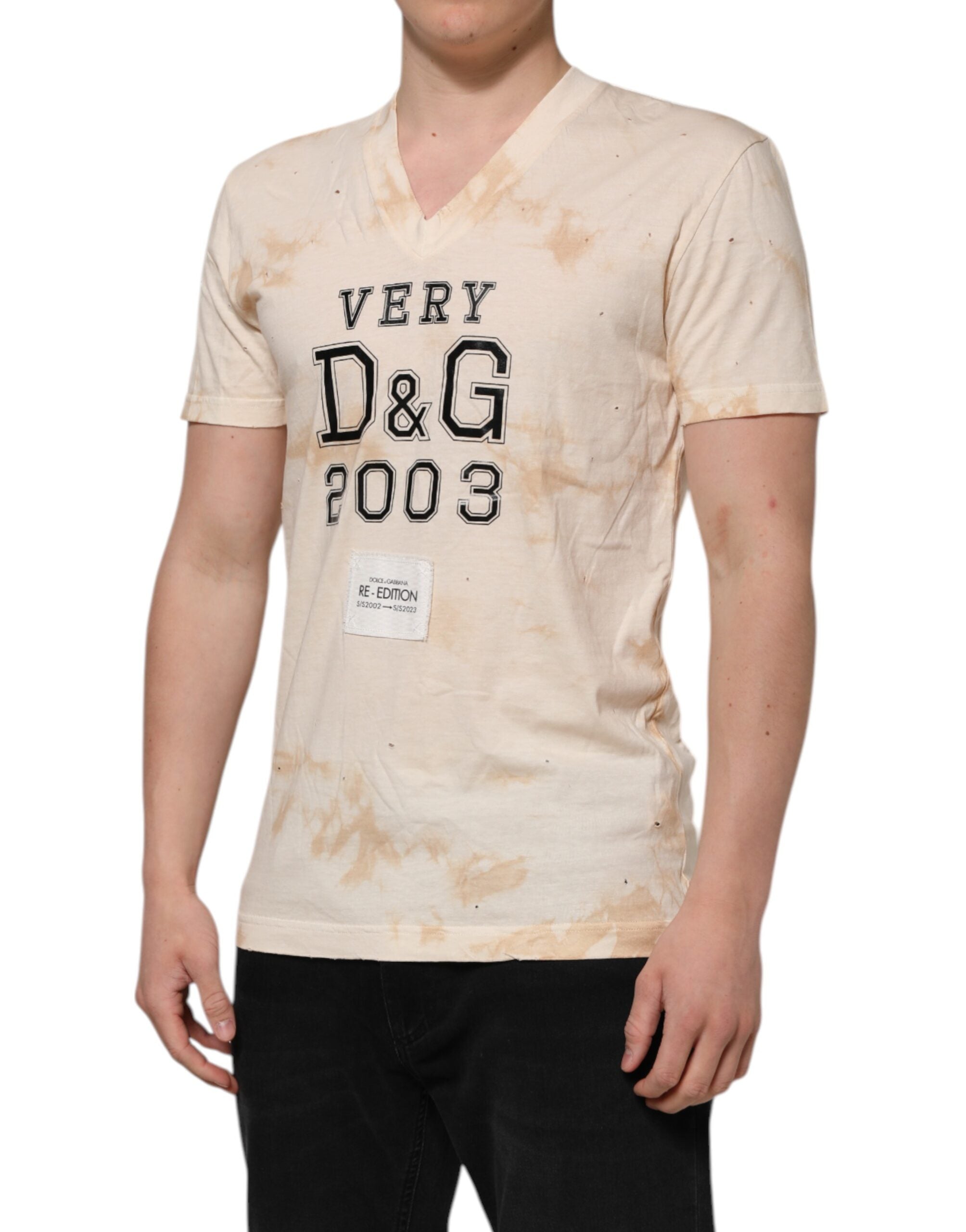 Dolce & Gabbana Beige Logo-Druck Kurzarm-T-Shirt mit V-Ausschnitt