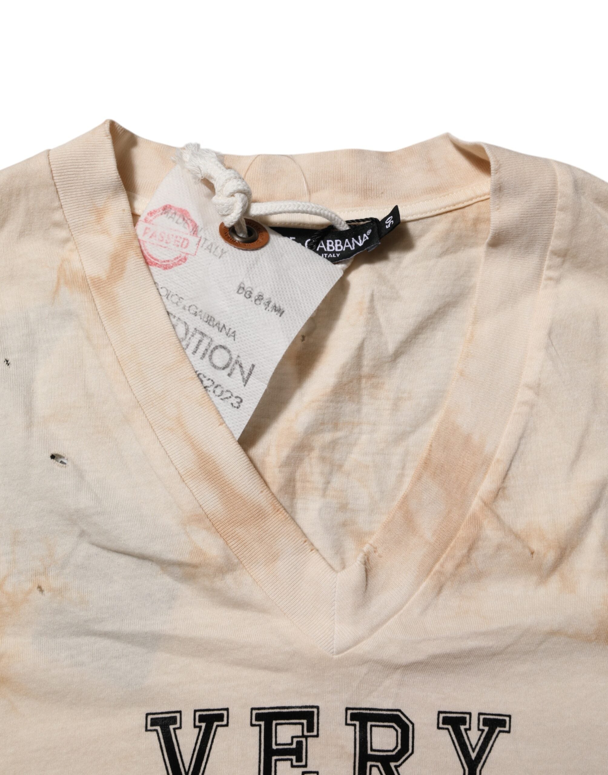 Dolce & Gabbana Beige Logo-Druck Kurzarm-T-Shirt mit V-Ausschnitt