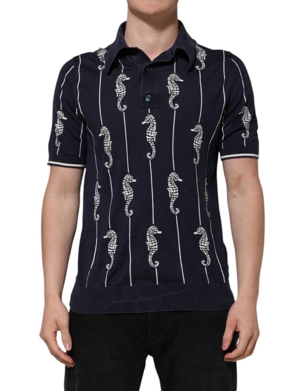 Dolce & Gabbana Dunkelblaues Seepferdchen Poloshirt mit Kragen