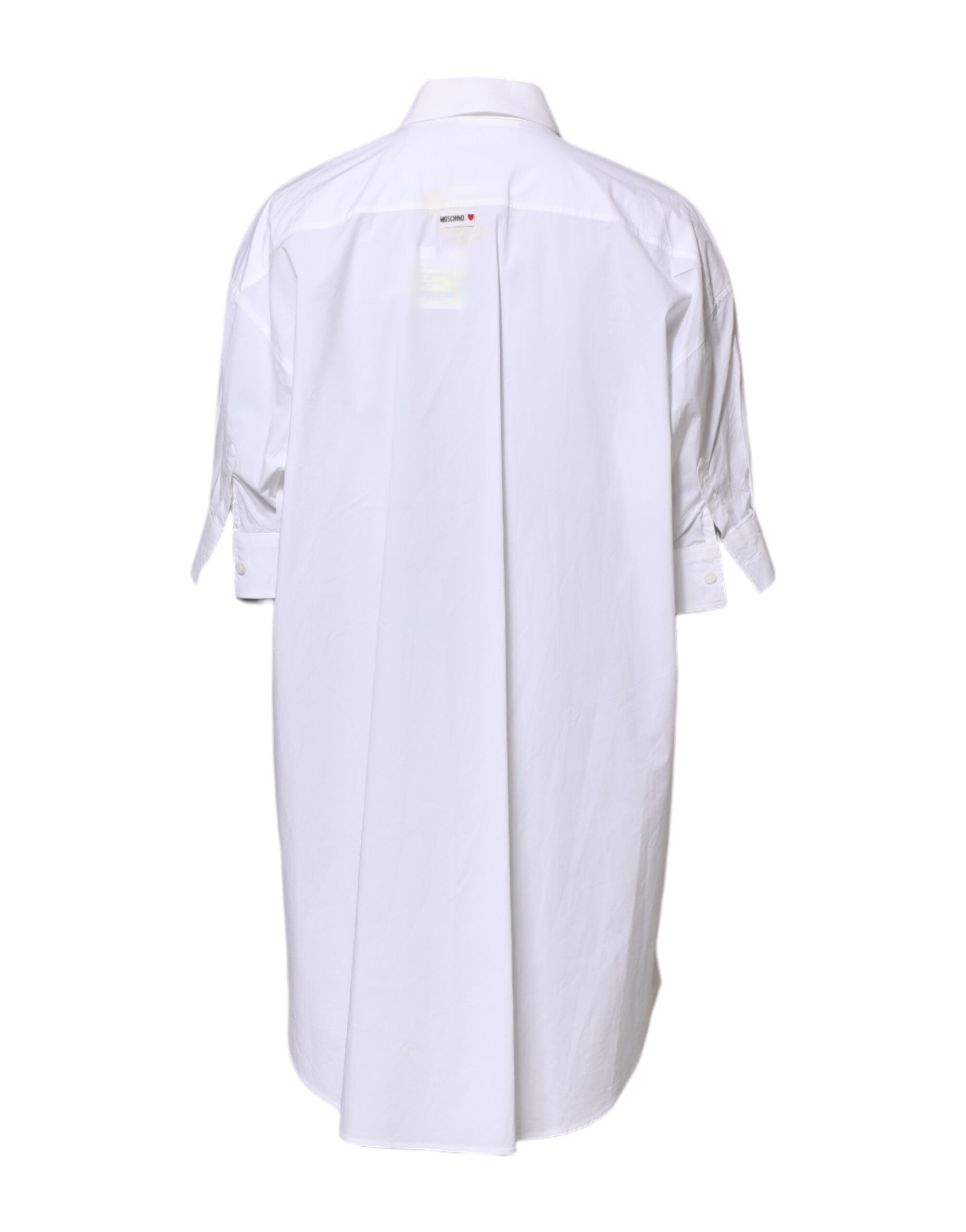 Moschino Couture Weißes bedrucktes Mini-Hemdkleid mit Kragen und Knopfleiste