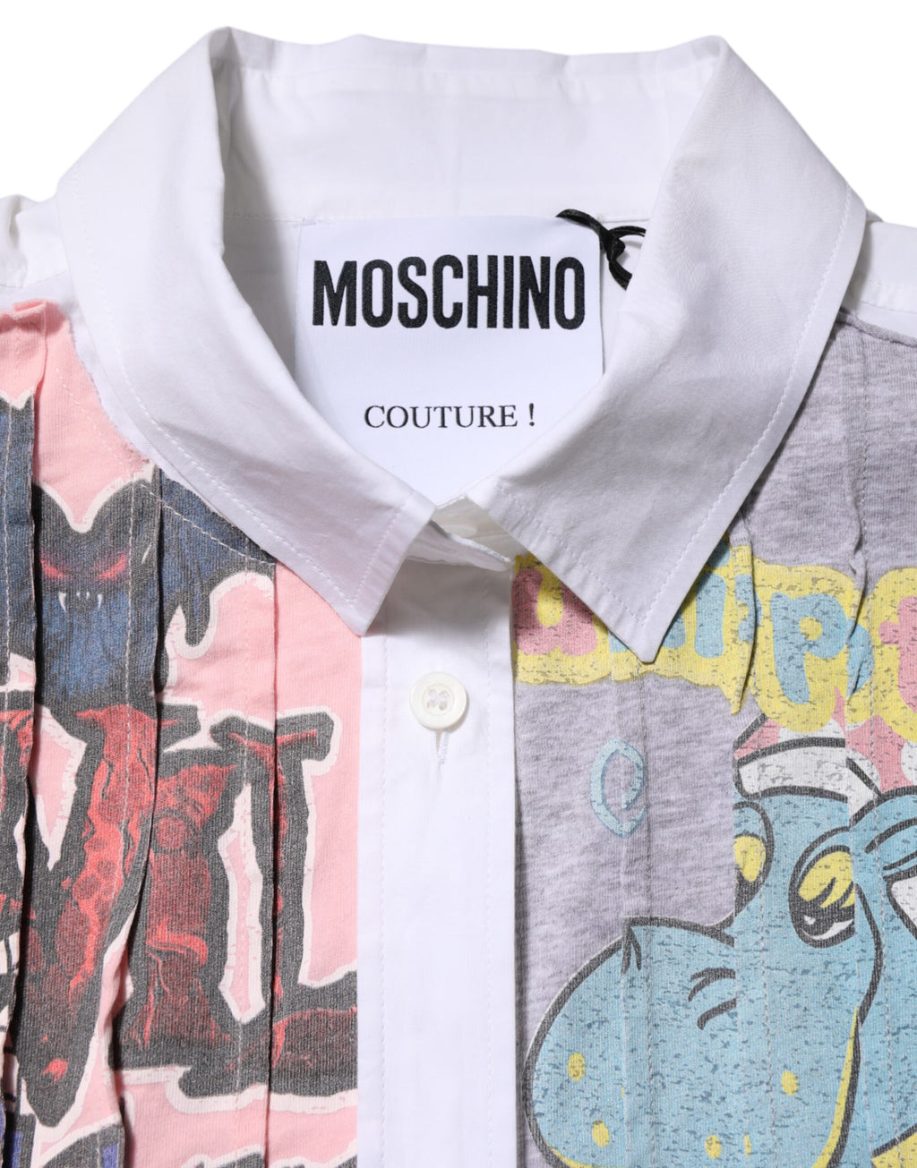 Moschino Couture Weißes bedrucktes Mini-Hemdkleid mit Kragen und Knopfleiste