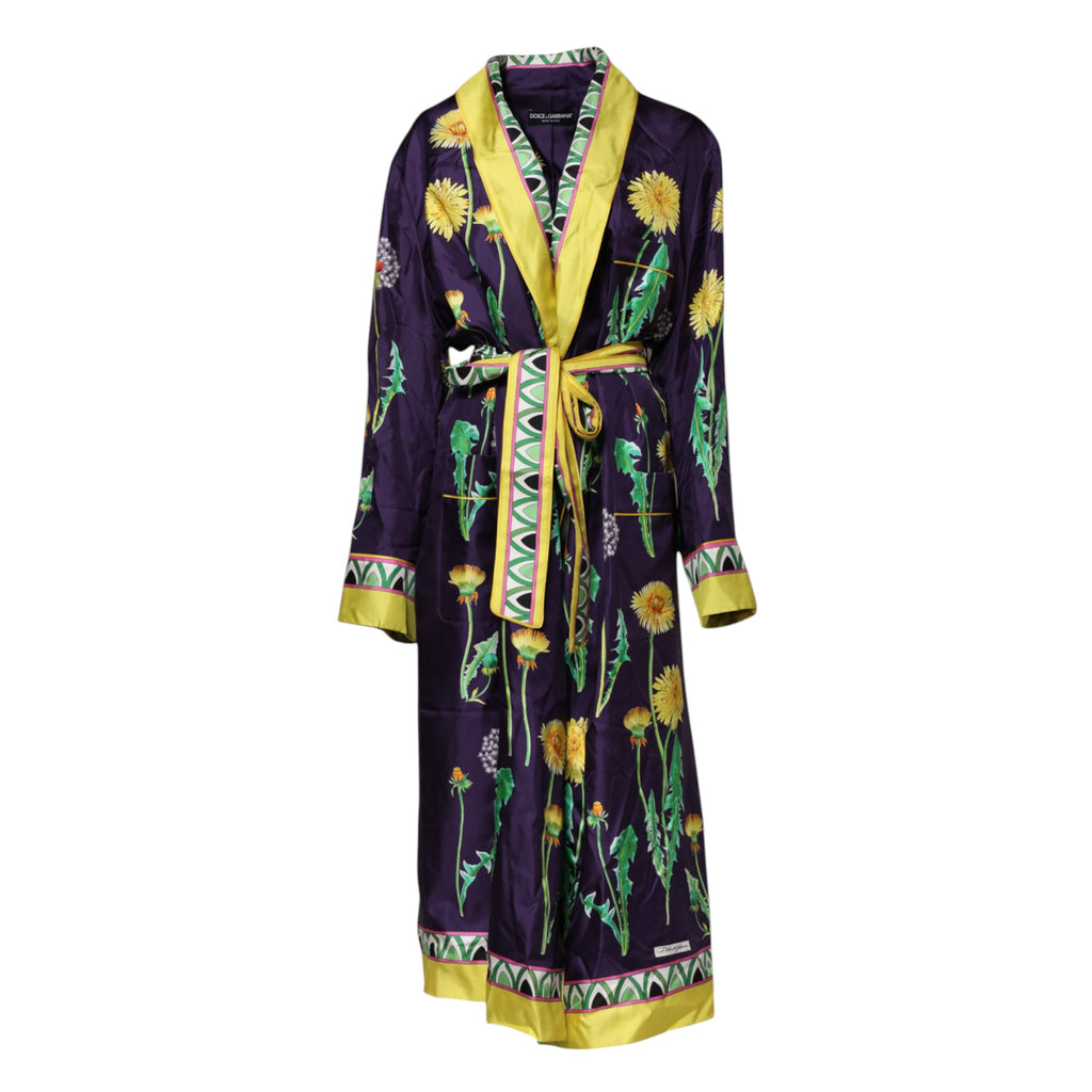 Dolce & Gabbana Blauer Seidenmantel mit Blumenmuster und langen Ärmeln zum Wickeln