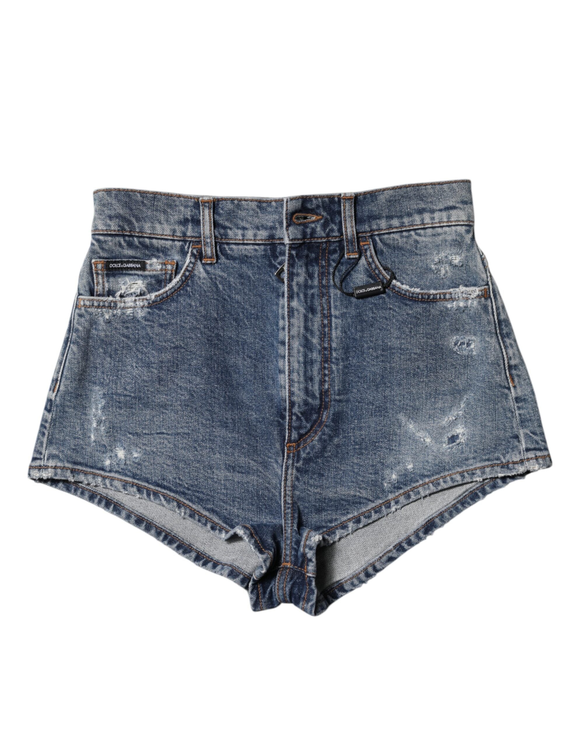 Dolce & Gabbana Blaue zerfledderte Denim-Baumwolle Hot Pants Shorts
