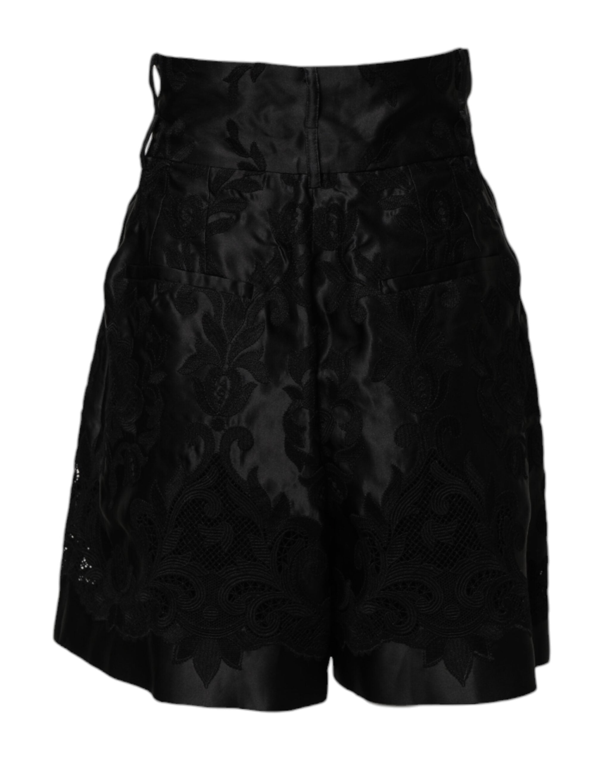 Dolce & Gabbana Schwarze Seidenshorts mit Blumenstickerei und hoher Taille