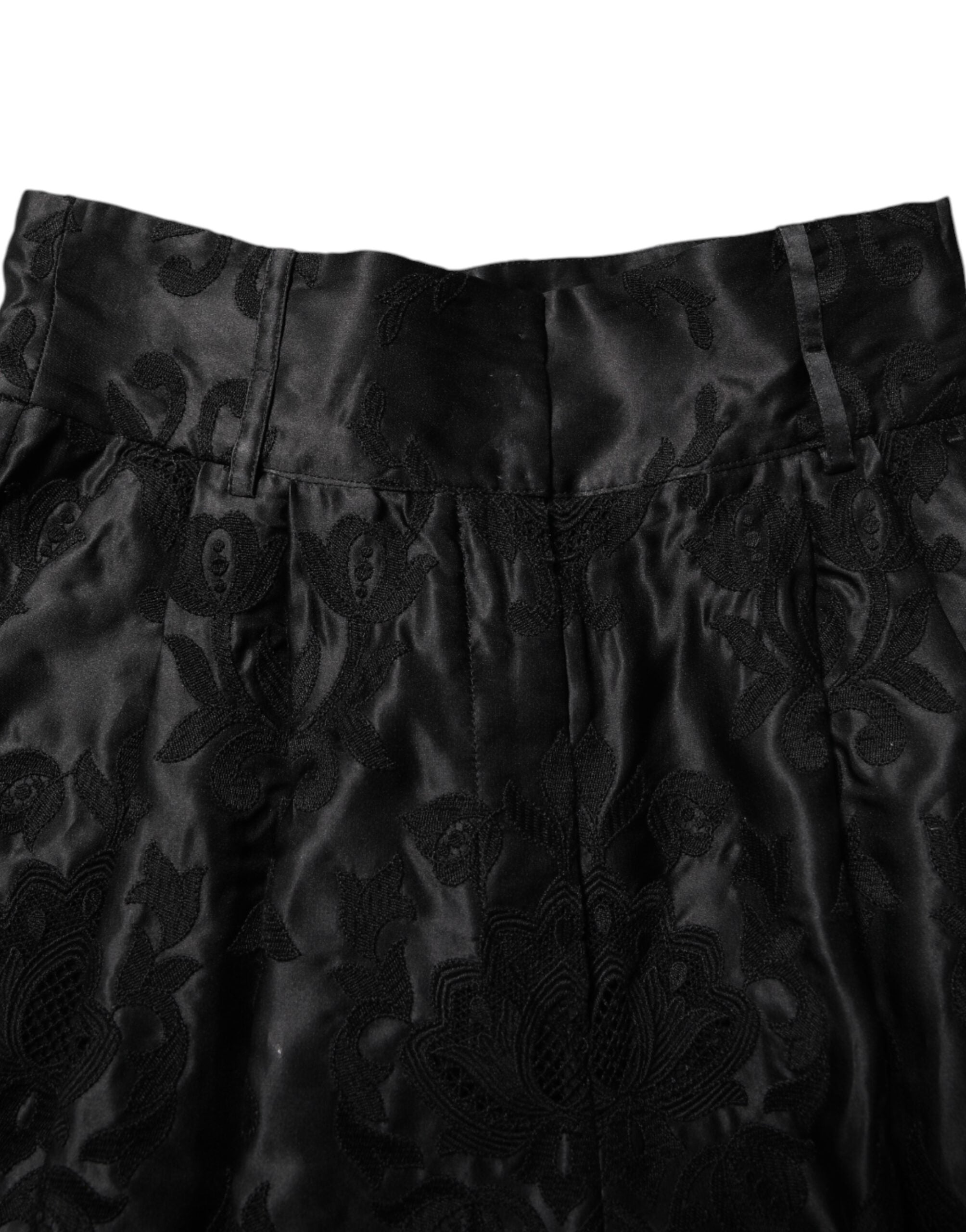 Dolce & Gabbana Schwarze Seidenshorts mit Blumenstickerei und hoher Taille