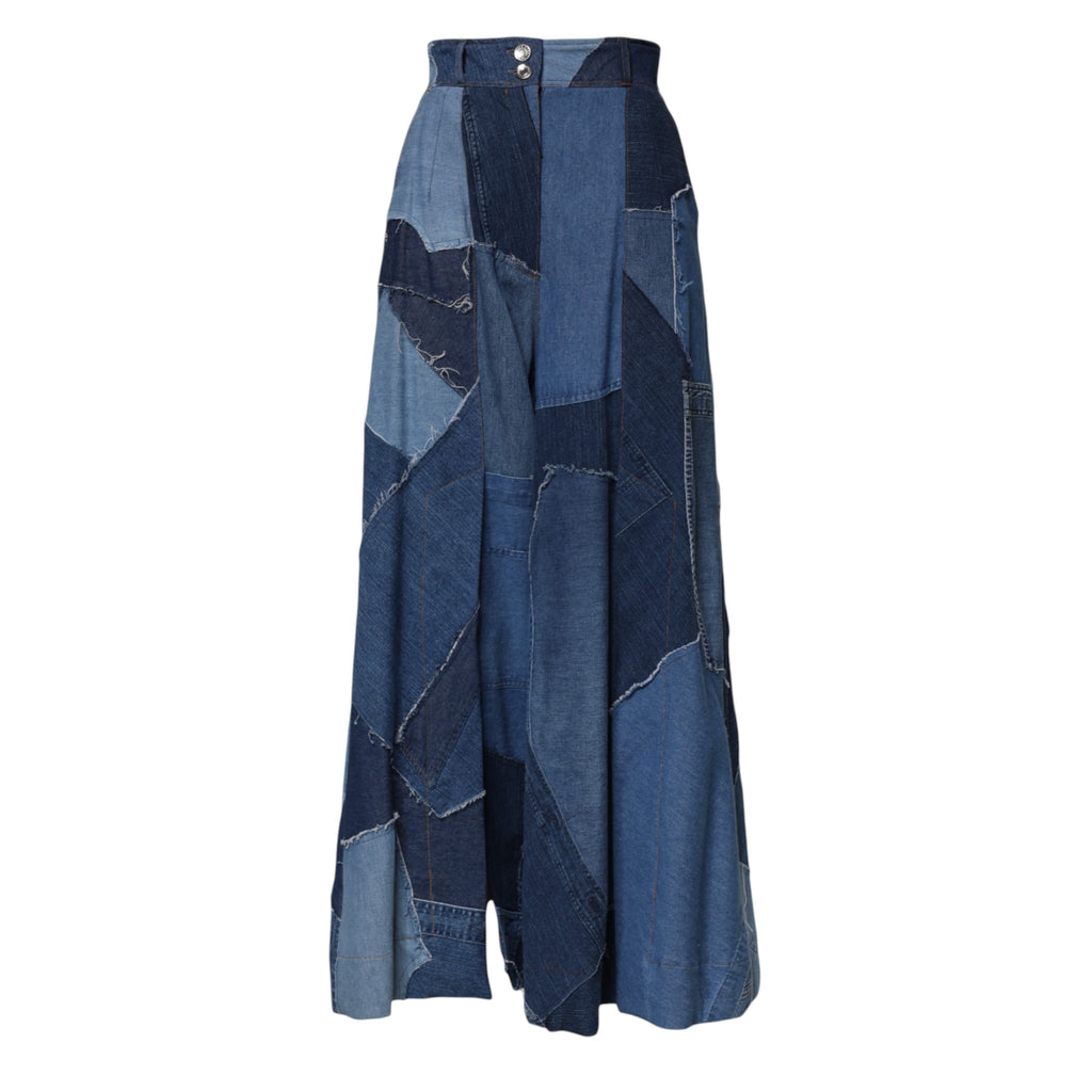 Dolce & Gabbana Blauer Denim-Langarm-Maxirock aus Patchwork-Baumwolle