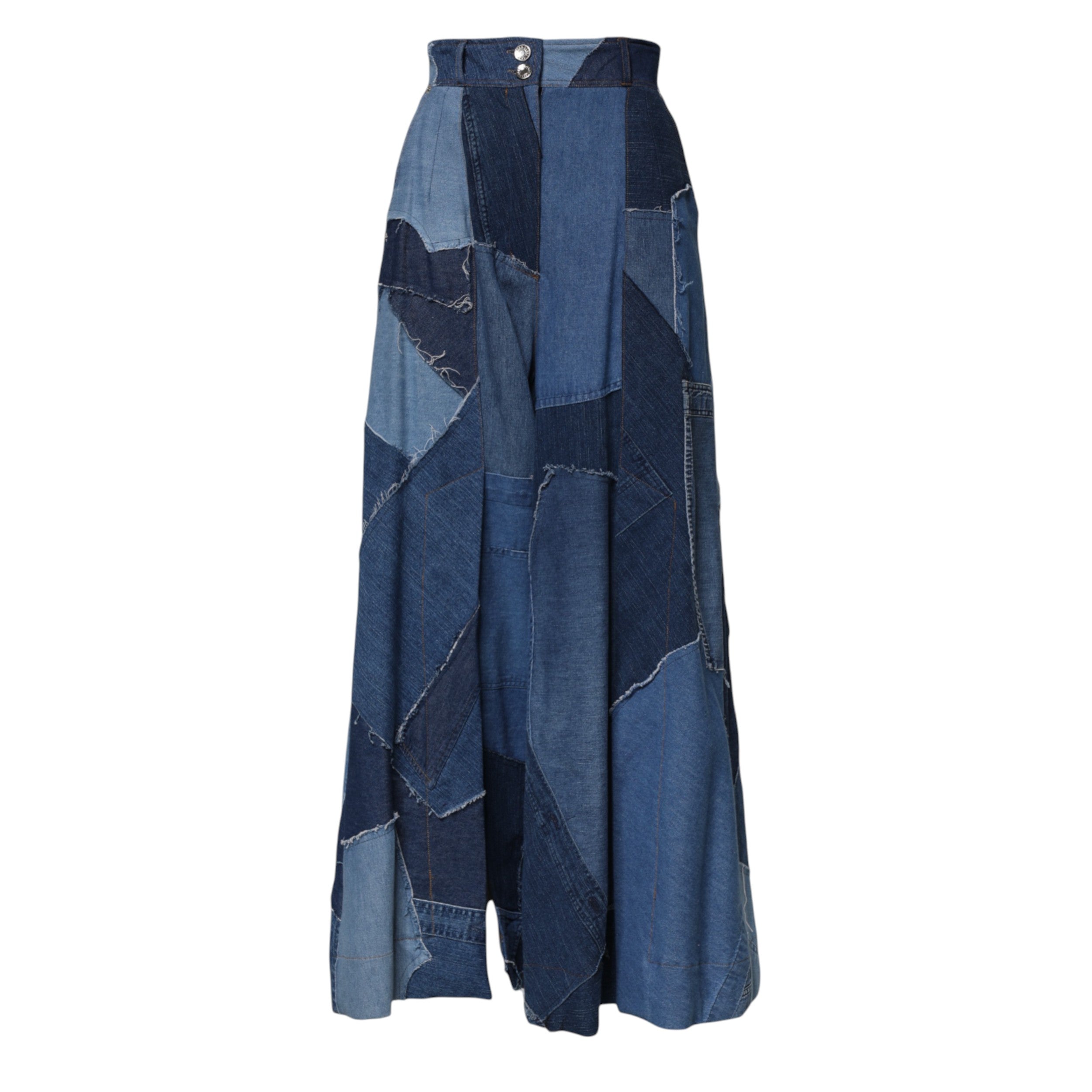 Dolce & Gabbana Blauer Denim-Langarm-Maxirock aus Patchwork-Baumwolle