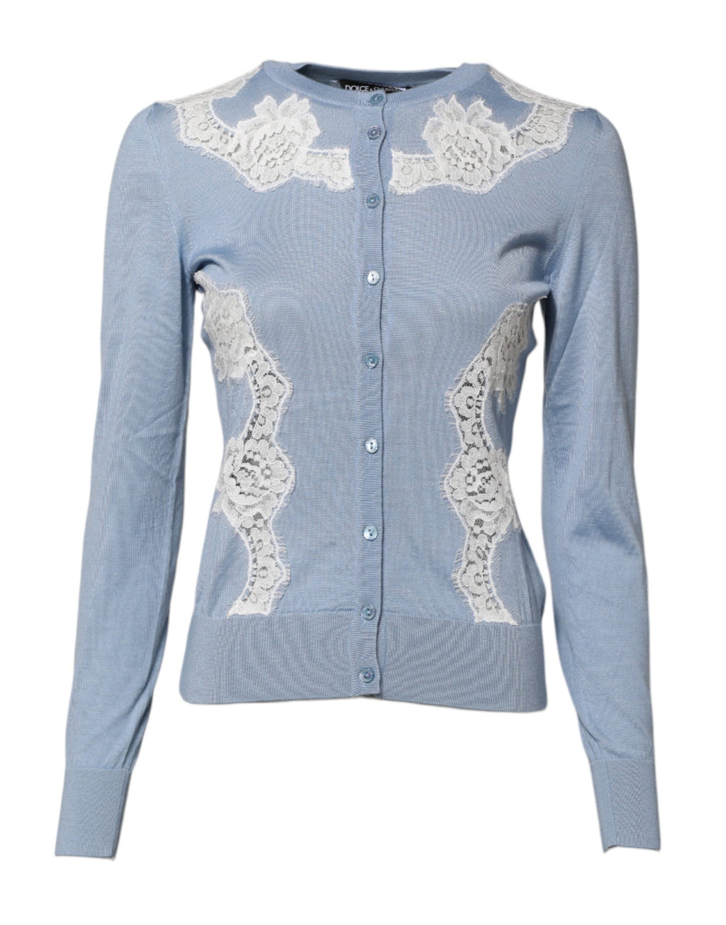 Dolce & Gabbana Blaue Strickjacke mit floralen Spitzenverzierungen