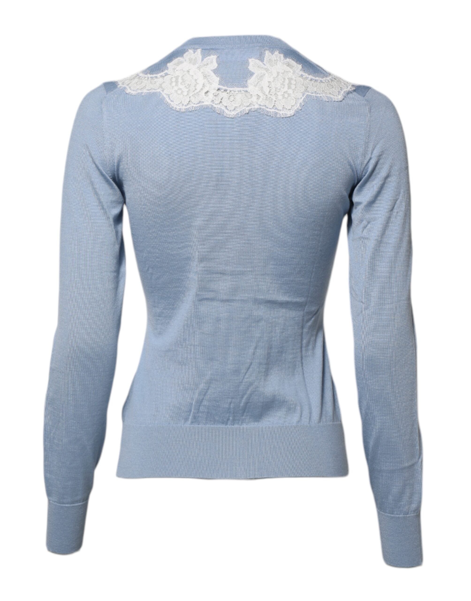 Dolce & Gabbana Blaue Strickjacke mit floralen Spitzenverzierungen