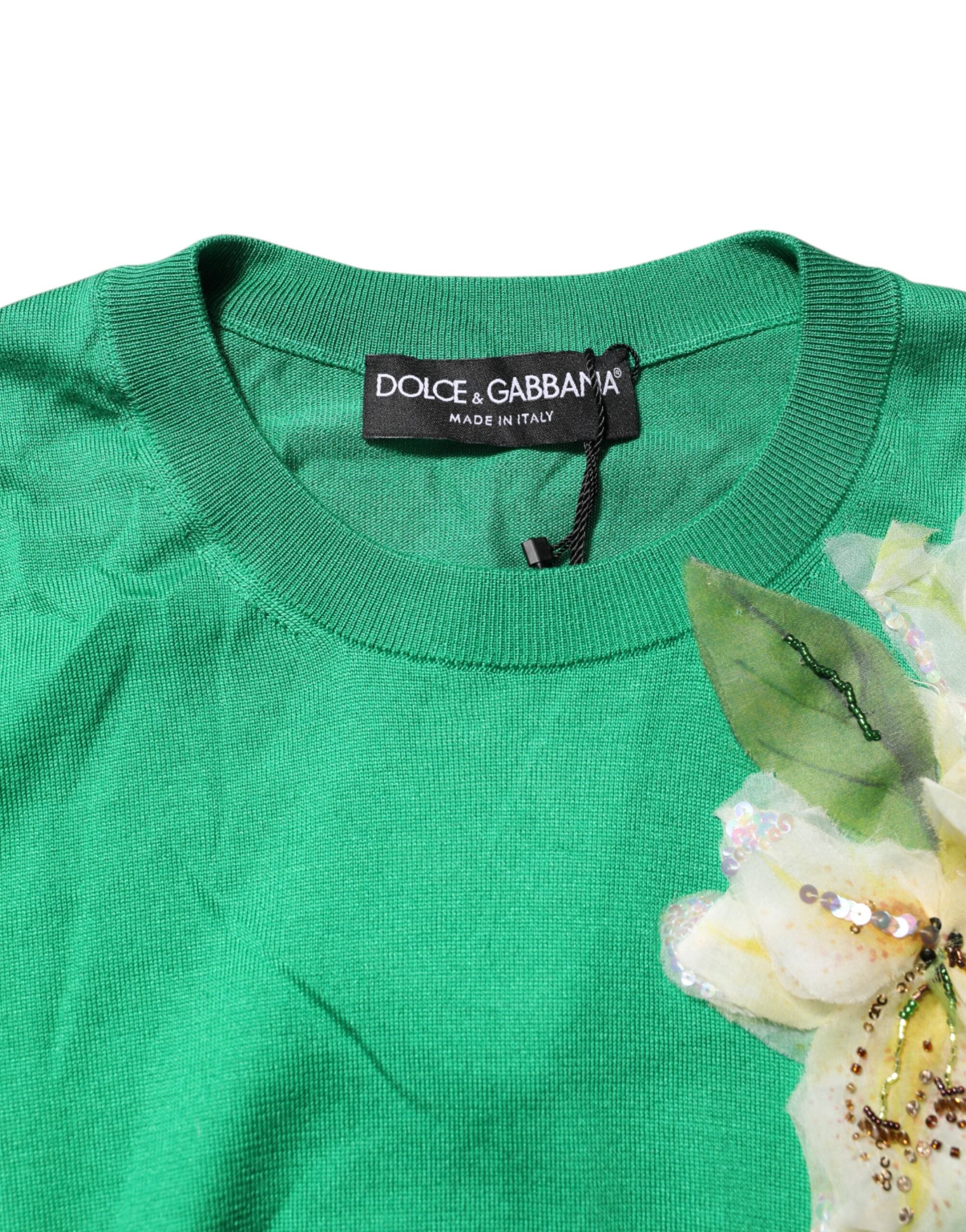 Dolce & Gabbana Grüner Seidenpullover mit Blumendetails