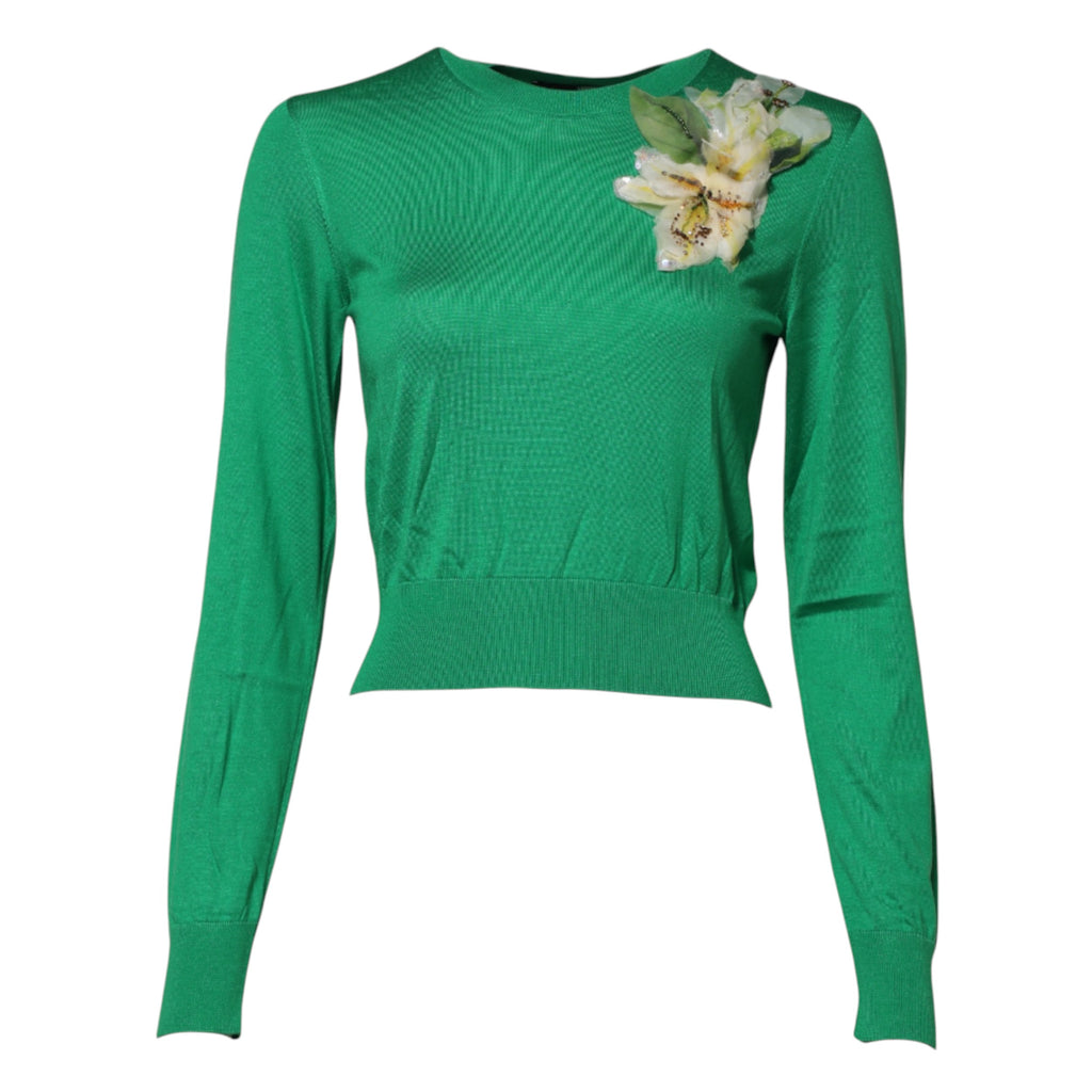 Dolce & Gabbana Grüner Seidenpullover mit Blumendetails
