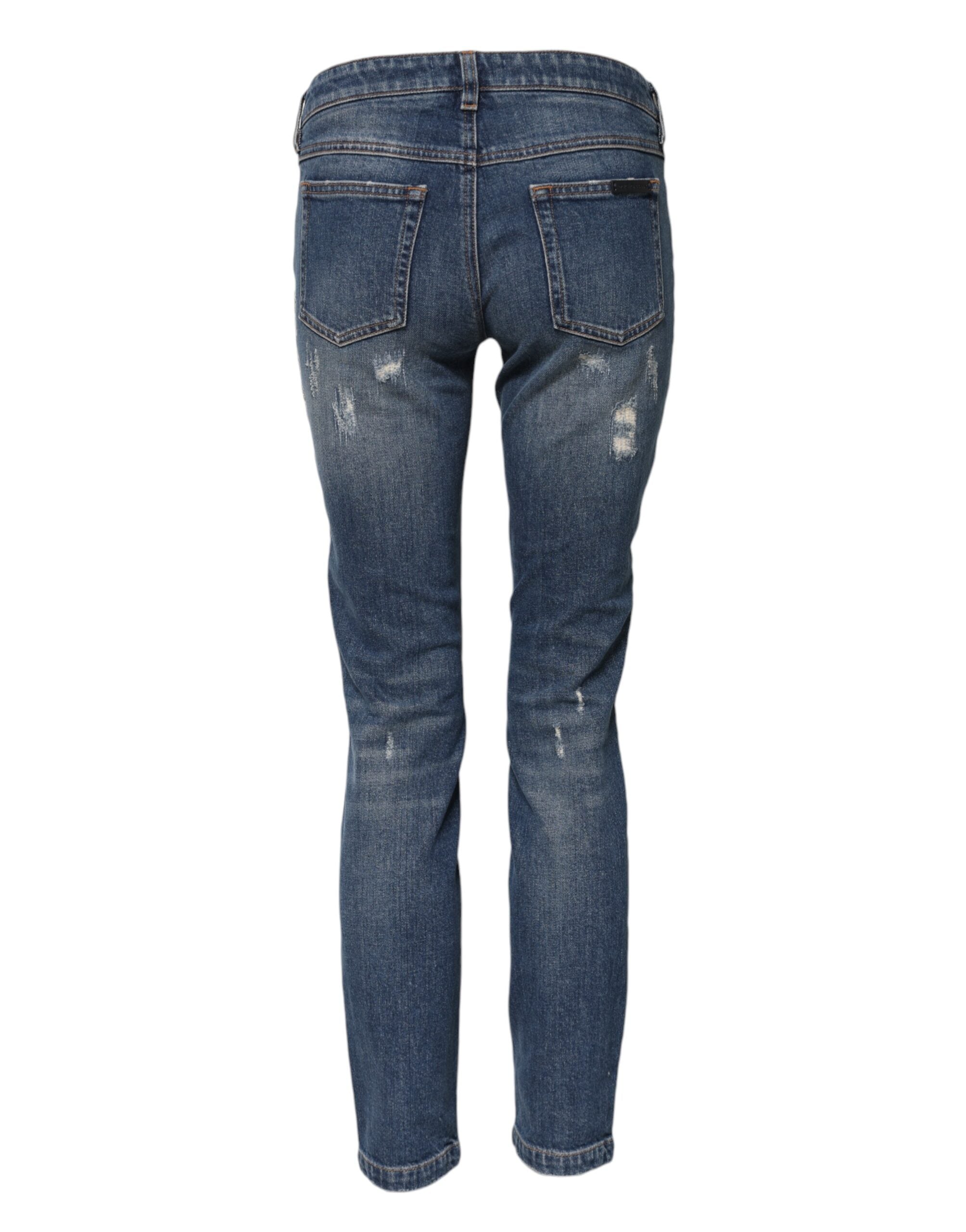 Dolce & Gabbana Blaue Spielkarten-Stickerei Skinny Denim Jeans