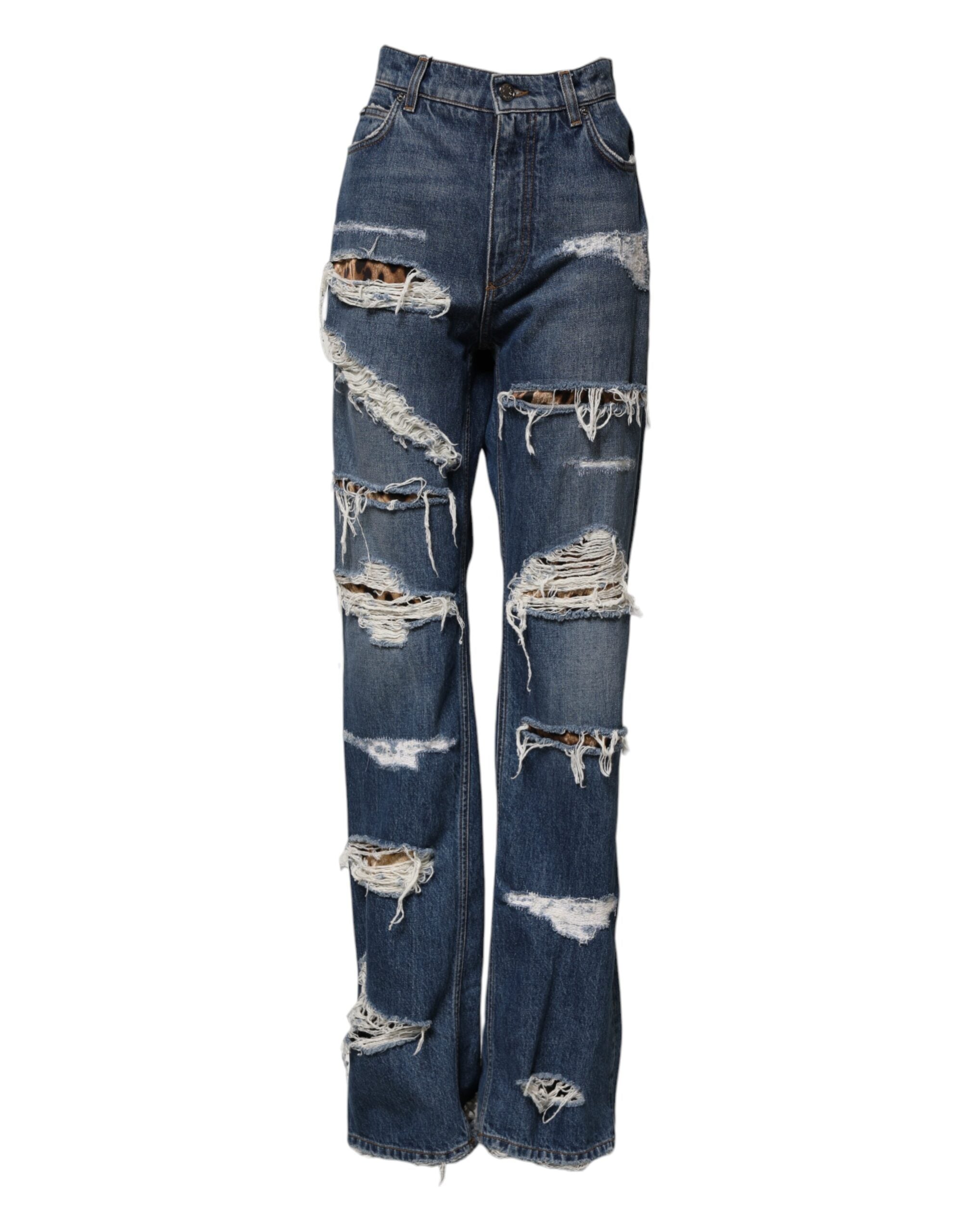 Dolce & Gabbana Blaue zerfledderte Straight Denim Jeans aus Baumwolle
