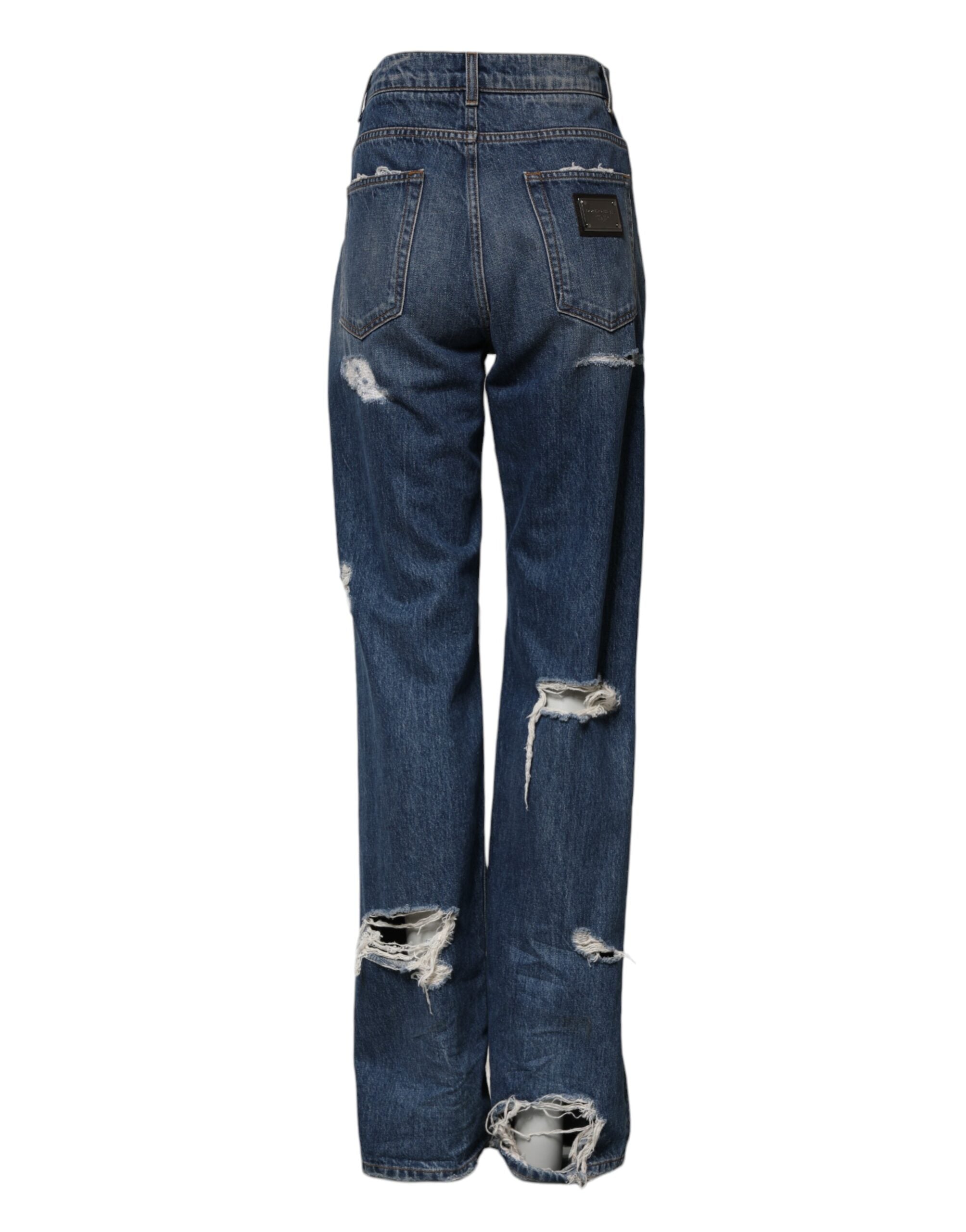 Dolce & Gabbana Blaue zerfledderte Straight Denim Jeans aus Baumwolle