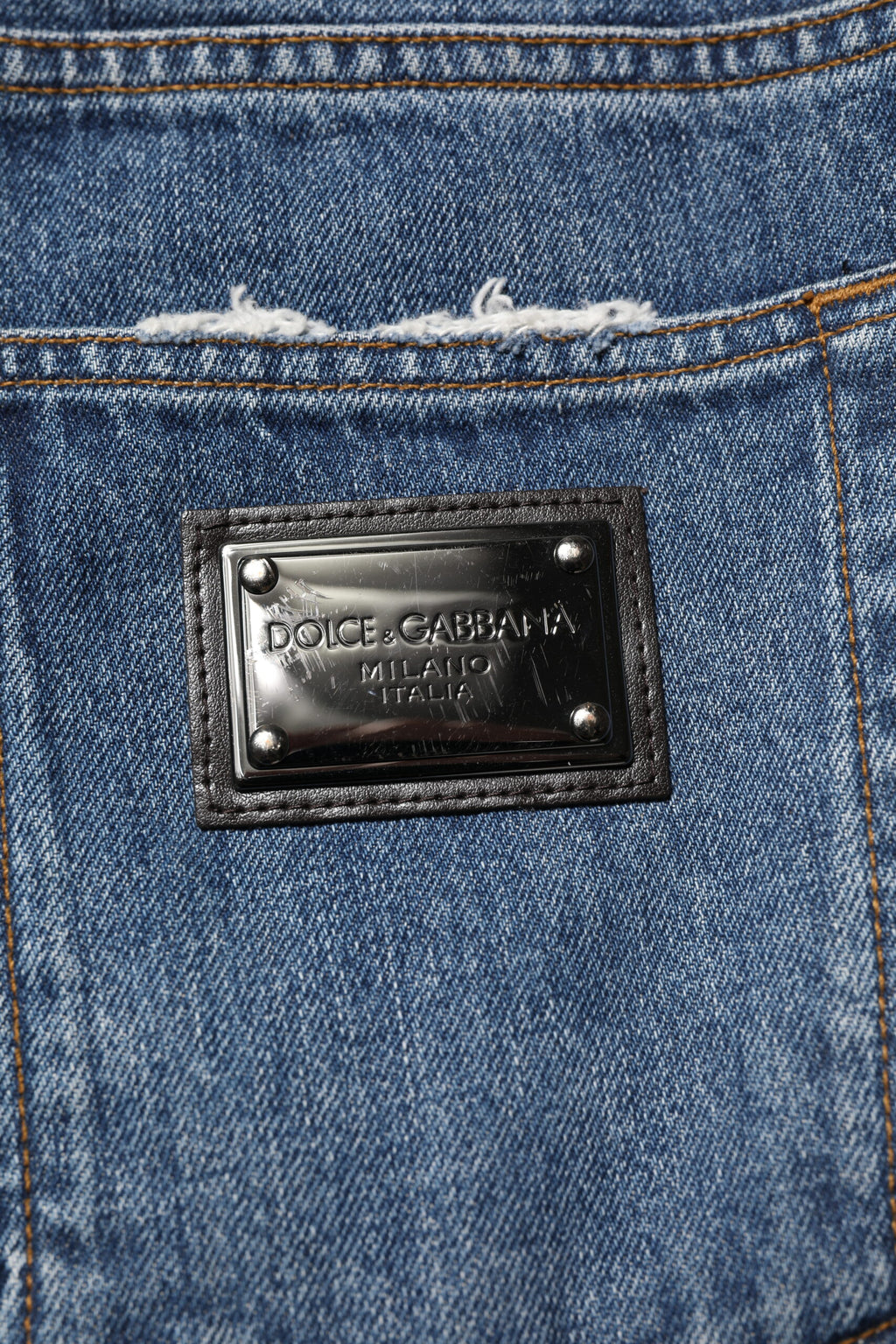 Dolce & Gabbana Blaue zerfledderte Straight Denim Jeans aus Baumwolle