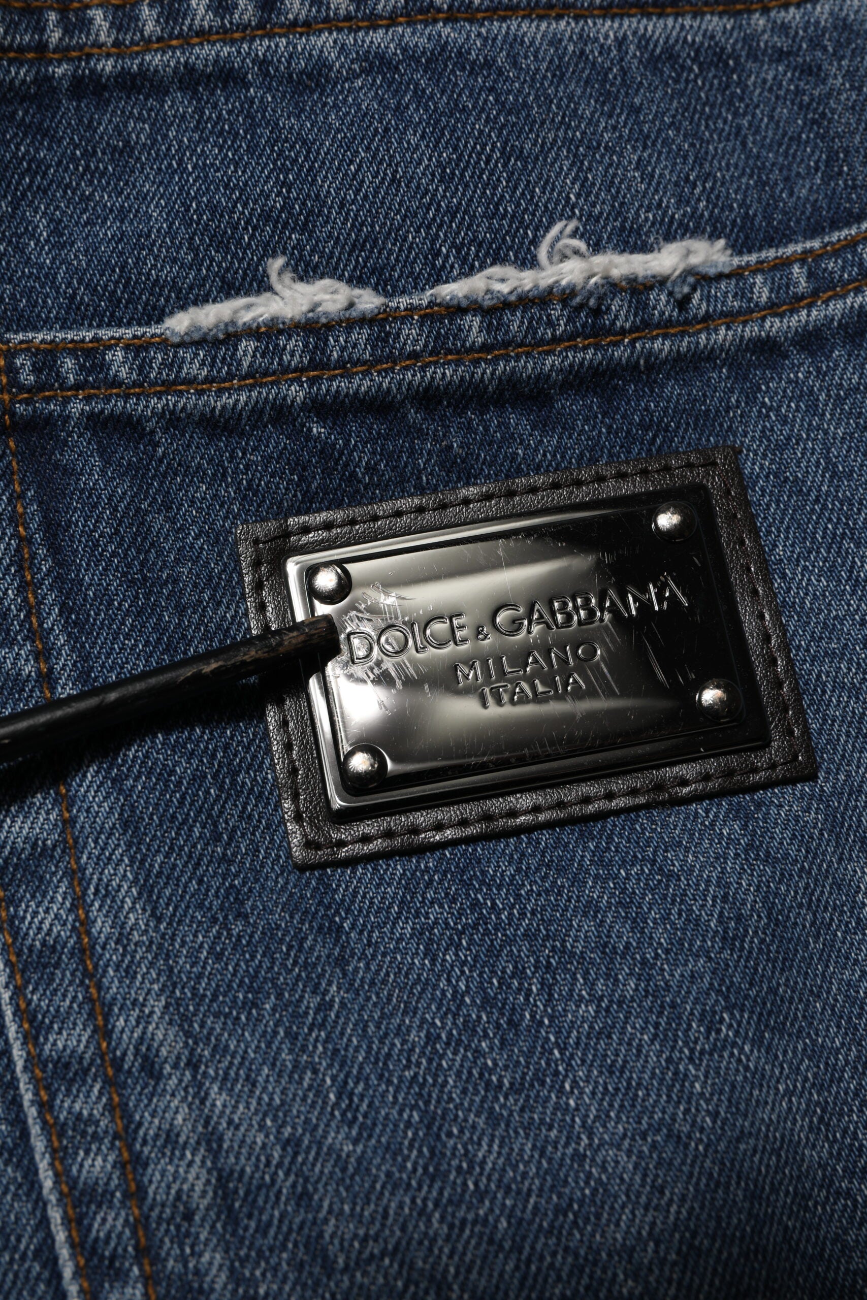 Dolce & Gabbana Blaue zerfledderte Straight Denim Jeans aus Baumwolle
