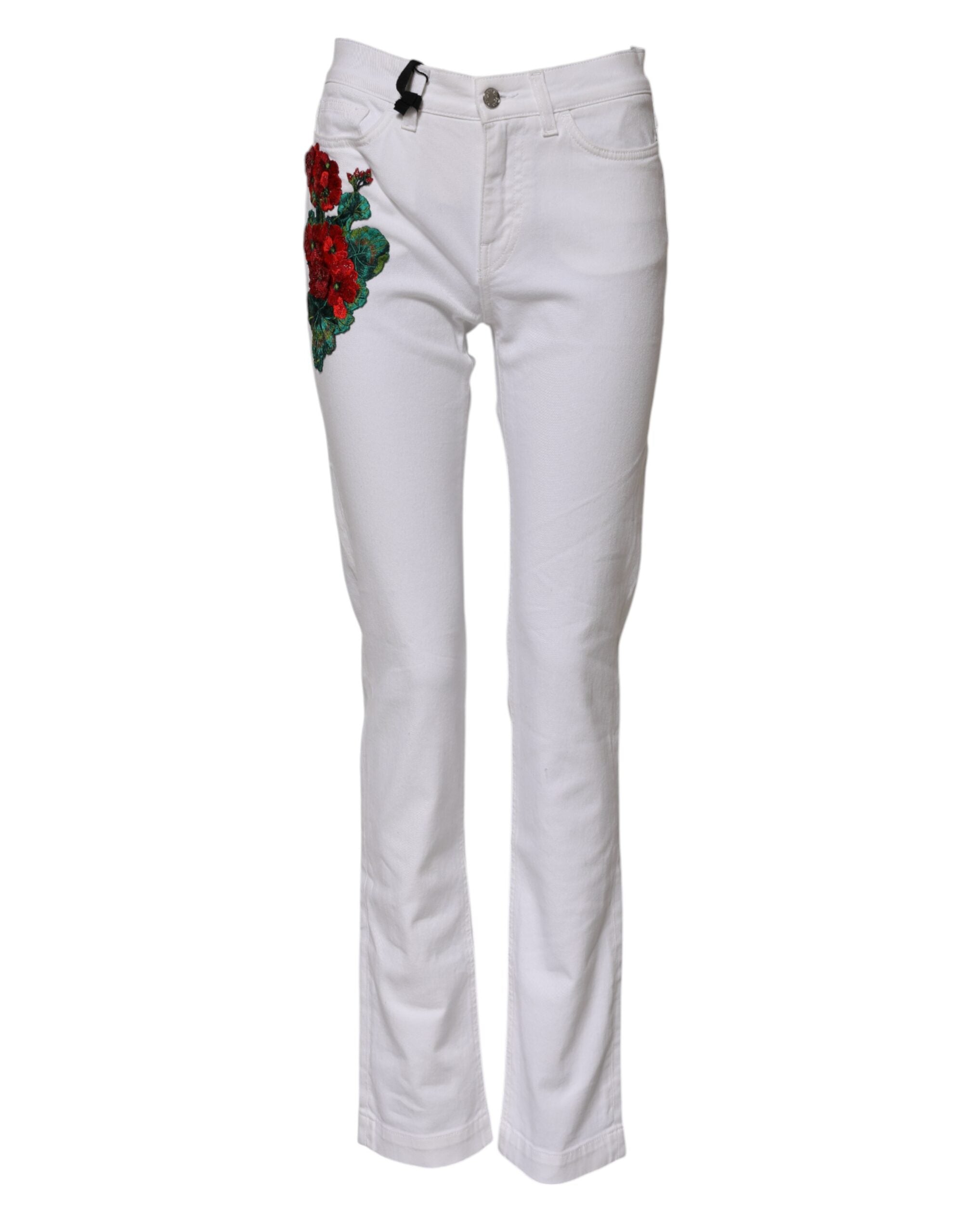 Dolce & Gabbana Weiße Denim-Jeans mit Blumenstickerei GIRLY