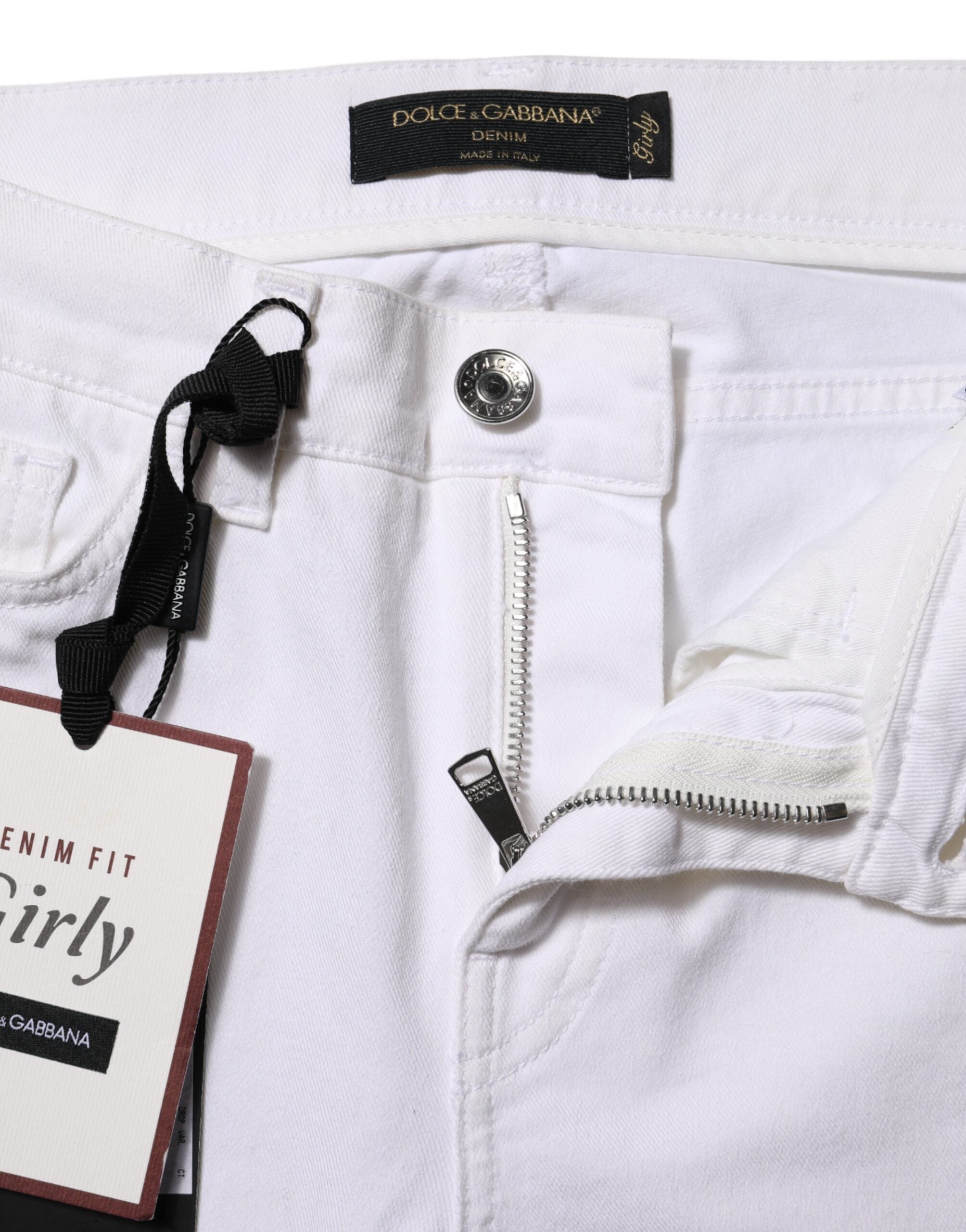 Dolce & Gabbana Weiße Denim-Jeans mit Blumenstickerei GIRLY