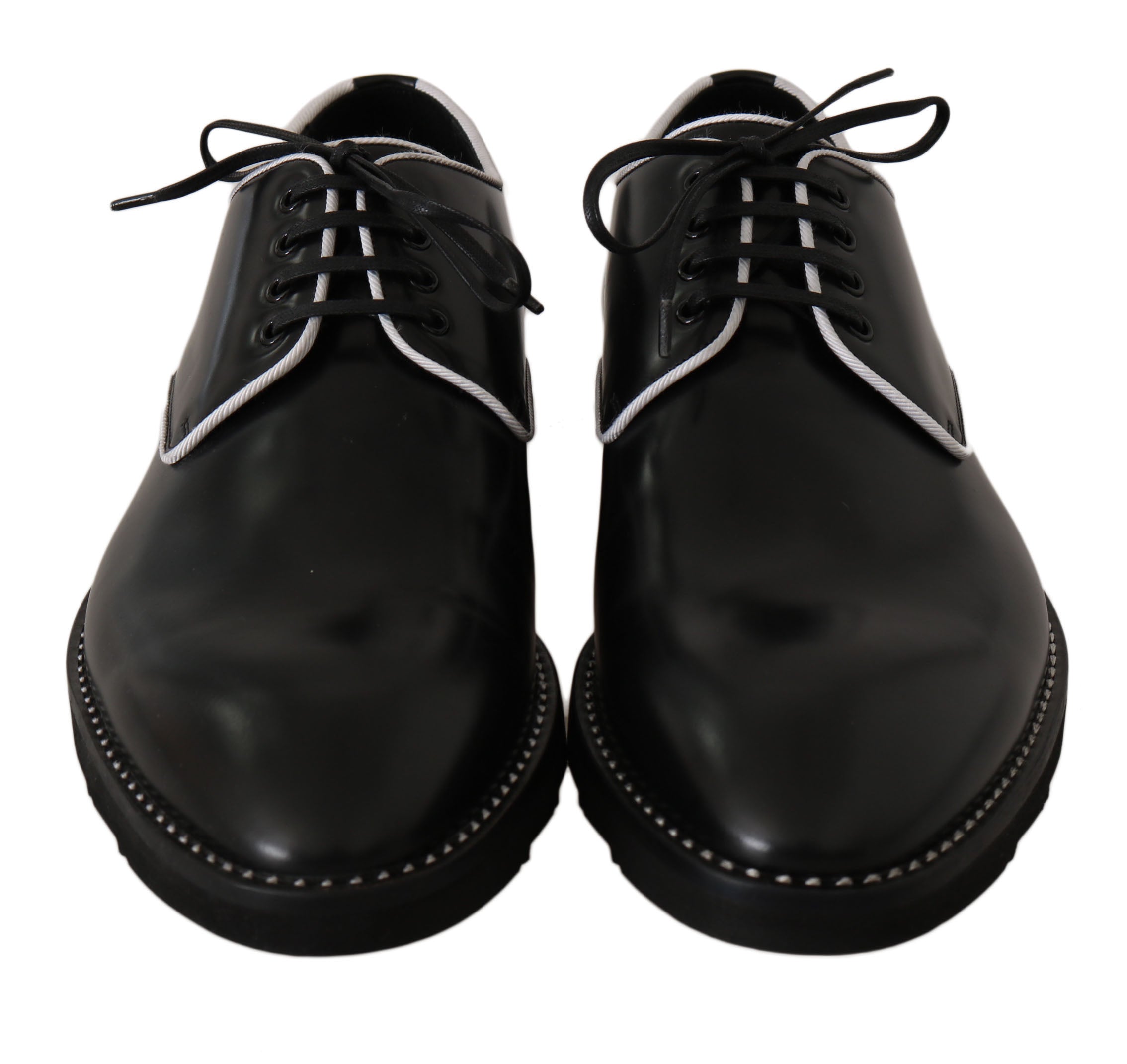 Dolce & Gabbana Schwarzes Leder Weiße Linie Kleid Derby Schuhe