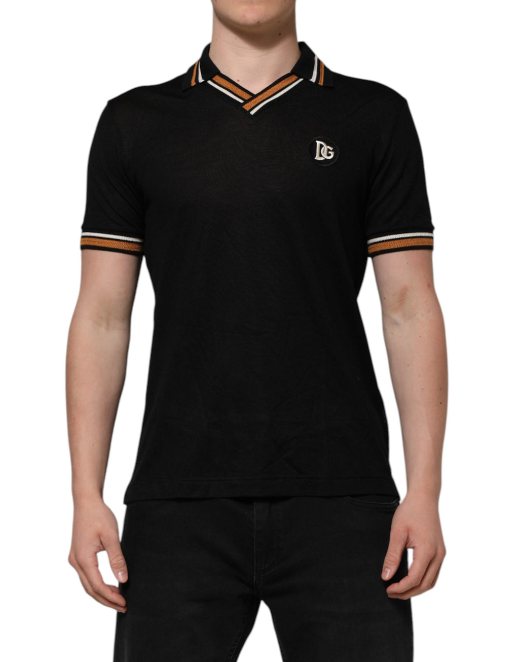 Dolce & Gabbana Schwarzes DG Seide V-Ausschnitt Polo-Shirt mit Kragen für Männer