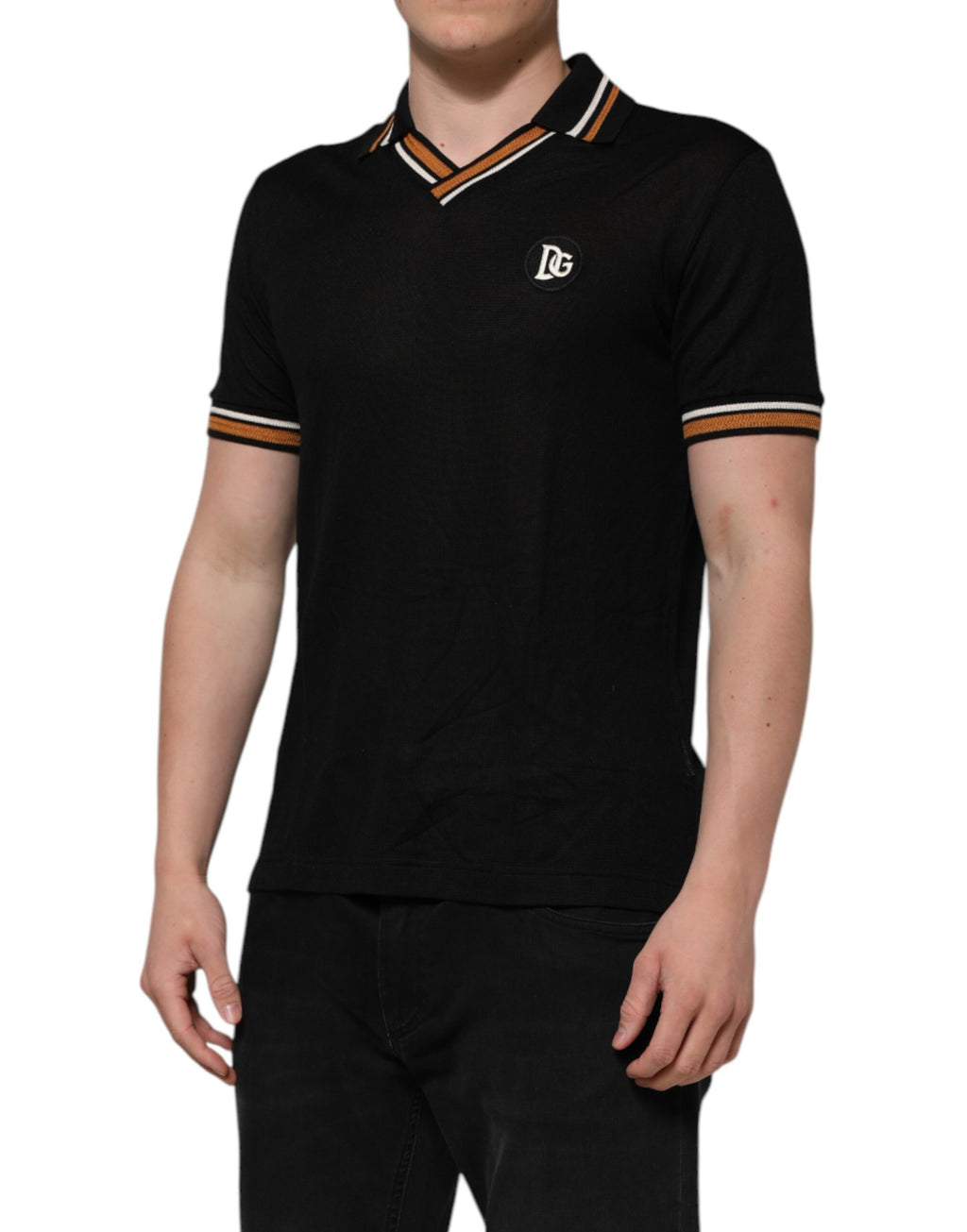 Dolce & Gabbana Schwarzes DG Seide V-Ausschnitt Polo-Shirt mit Kragen für Männer