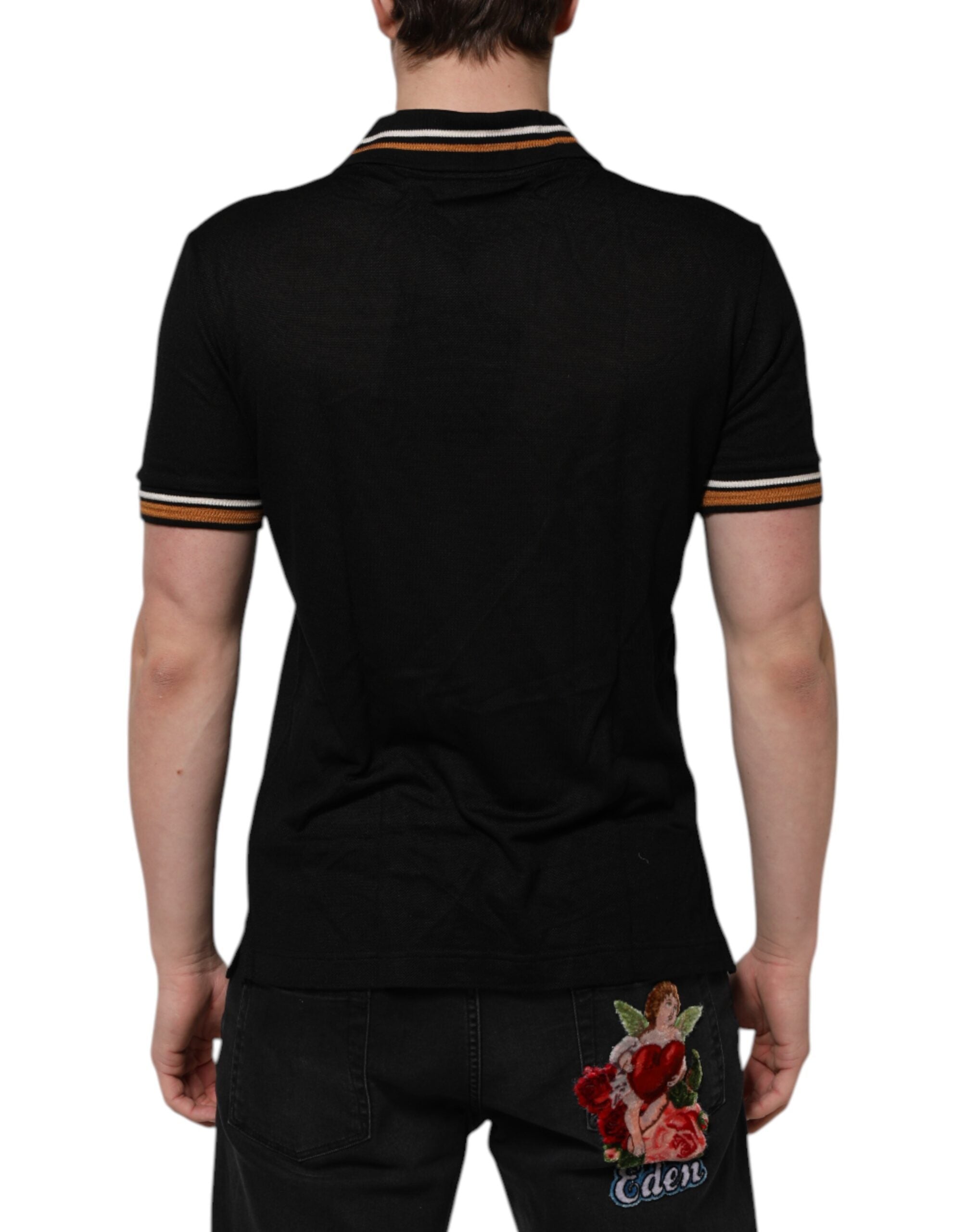 Dolce & Gabbana Schwarzes DG Seide V-Ausschnitt Polo-Shirt mit Kragen für Männer