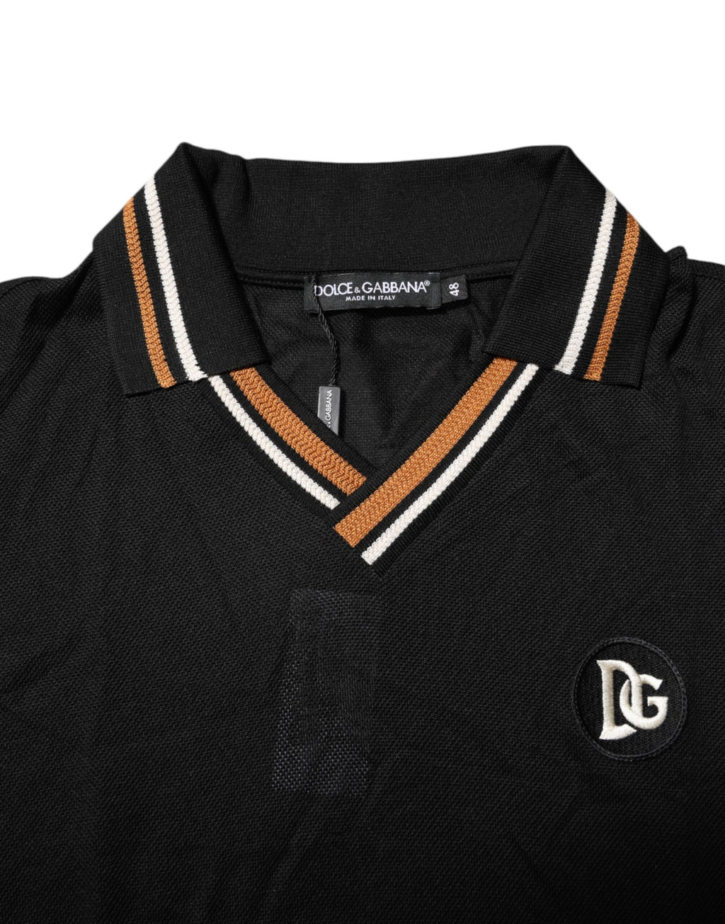 Dolce & Gabbana Schwarzes DG Seide V-Ausschnitt Polo-Shirt mit Kragen für Männer