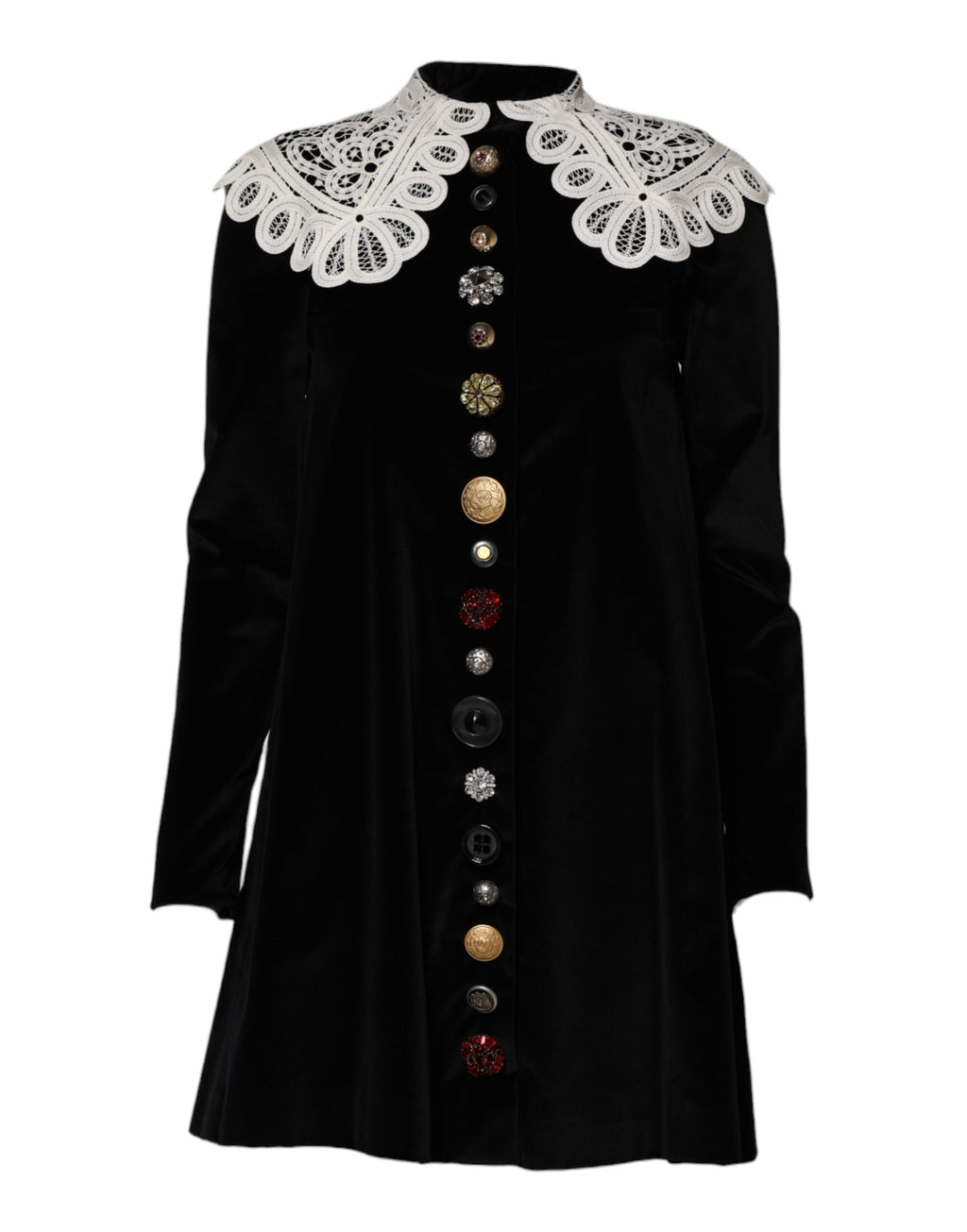 Dolce & Gabbana Schwarzes Kleid mit Spitzenkragen und Verzierungen aus Samt