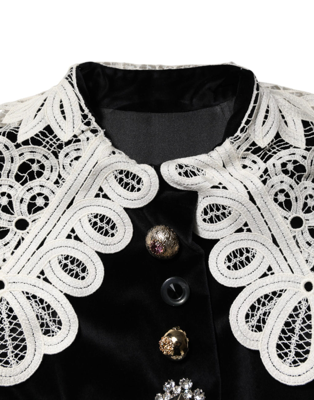 Dolce & Gabbana Schwarzes Kleid mit Spitzenkragen und Verzierungen aus Samt
