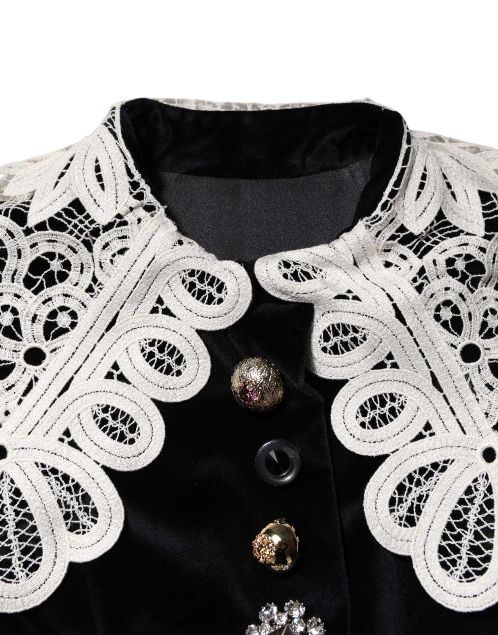 Dolce & Gabbana Schwarzes Kleid mit Spitzenkragen und Verzierungen aus Samt