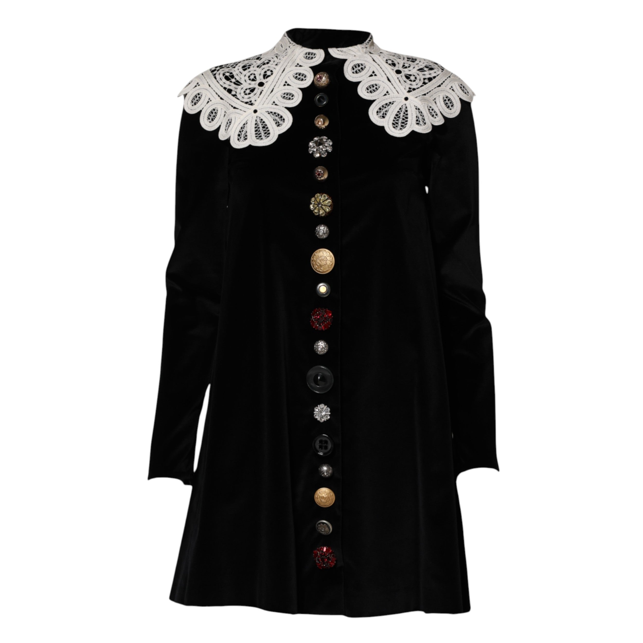 Dolce & Gabbana Schwarzes Kleid mit Spitzenkragen und Verzierungen aus Samt