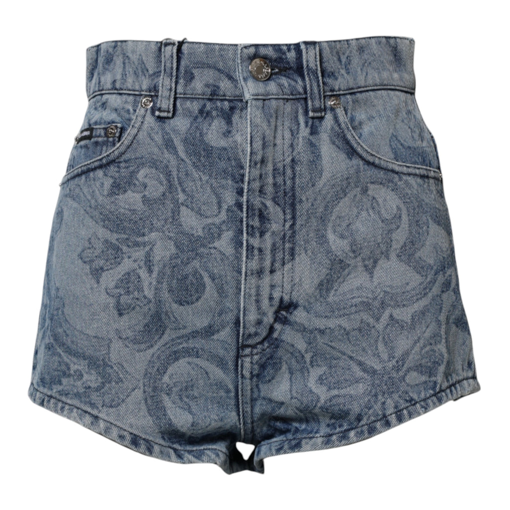 Dolce & Gabbana Blauwe Denim Katoenen Hot Pants Shorts met Bloemprint