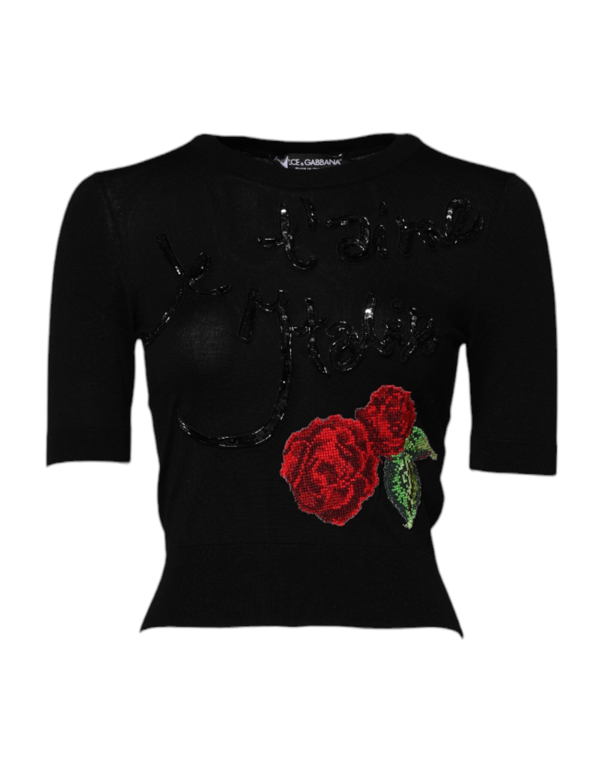 Dolce & Gabbana Schwarze Rose Paillettenverzierungen Bluse Top