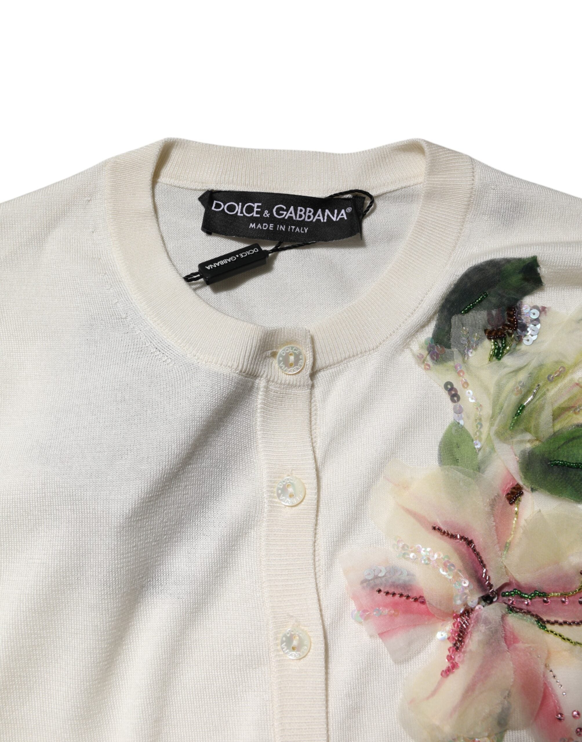 Dolce & Gabbana Weißer Seidenlilien-Pullover mit Verzierungen