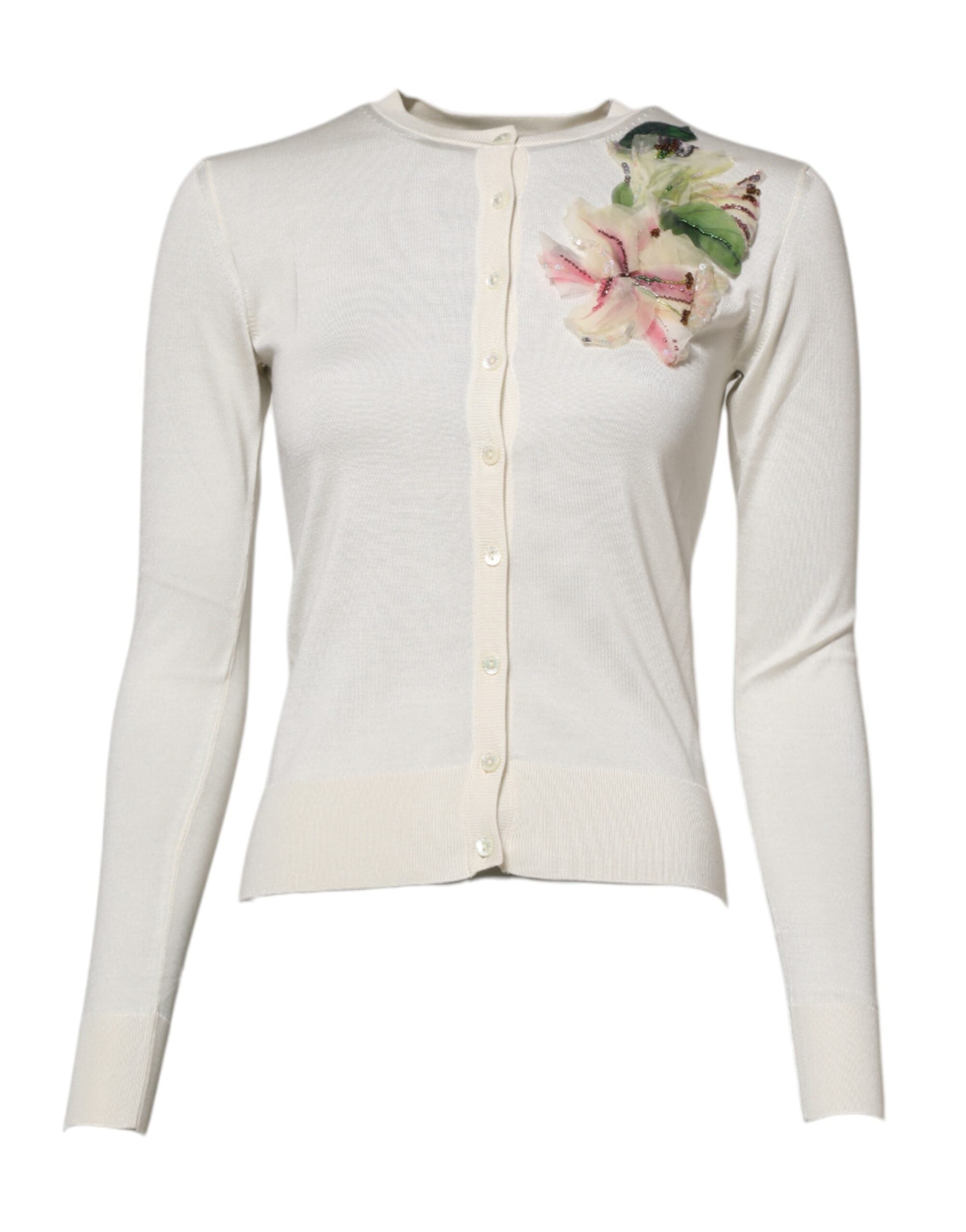 Dolce & Gabbana Weiße Seidenlilie Strickjacke mit Knöpfen