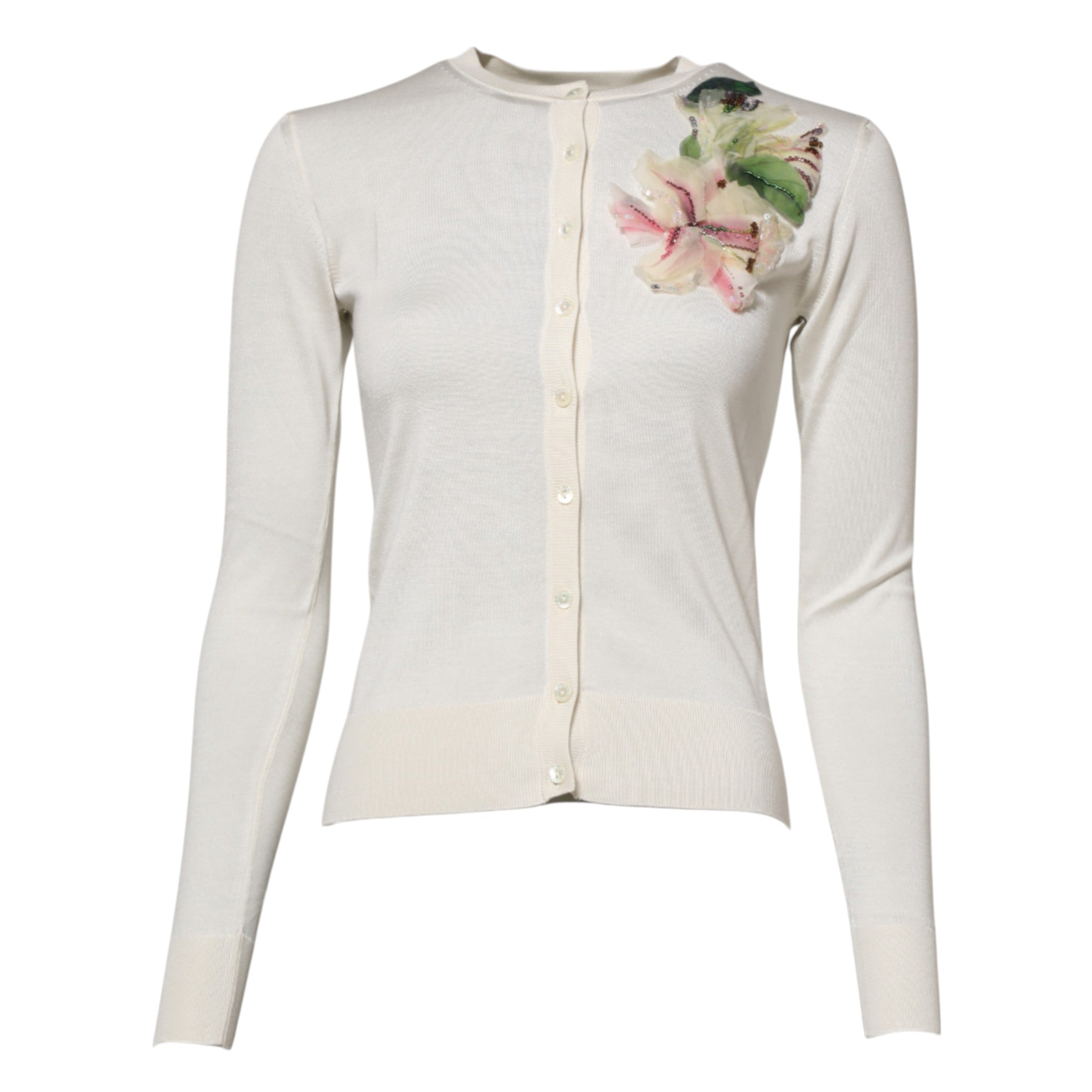 Dolce & Gabbana Weiße Seidenlilie Strickjacke mit Knöpfen