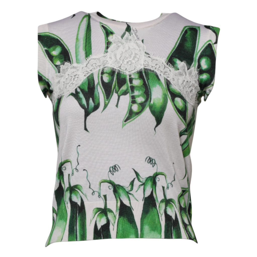Dolce & Gabbana Wit Groene Erwtenprint Mouwloze Blouse Top