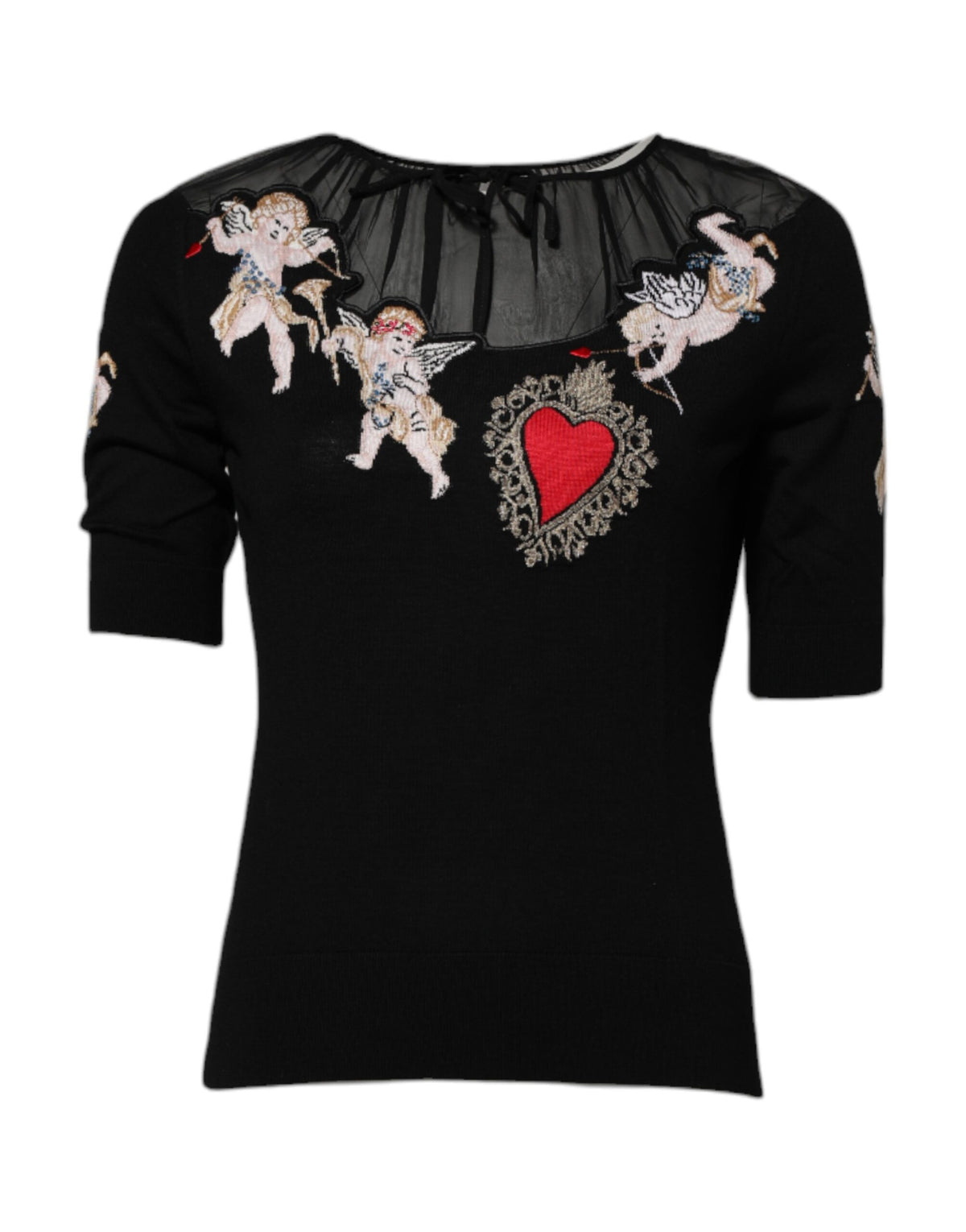 Dolce & Gabbana Zwart T-shirt met Ronde Hals en Geborduurd Heilig Hart