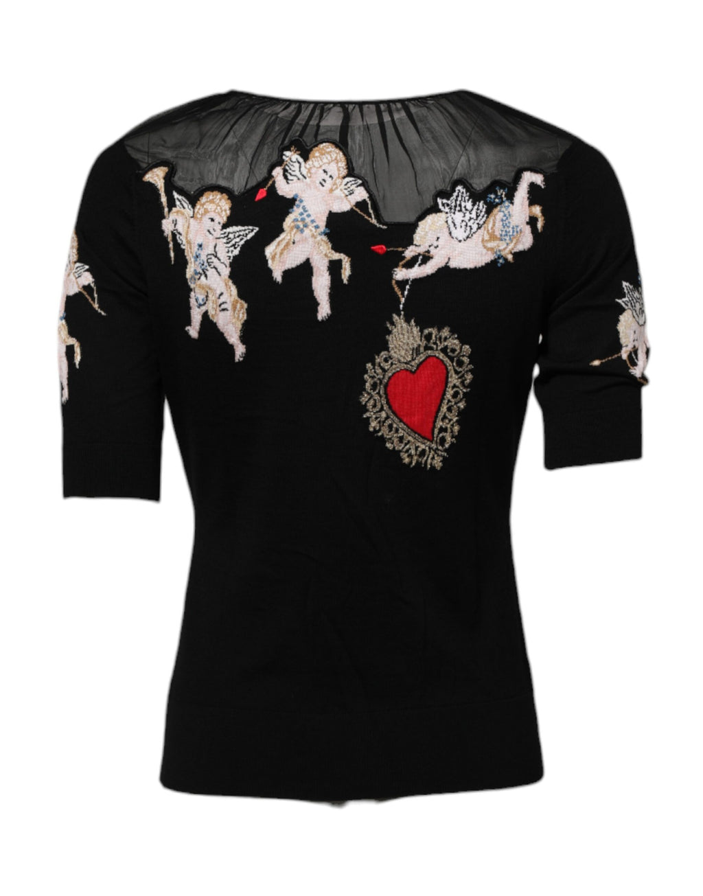 Dolce & Gabbana Schwarzes Sacred Heart besticktes Top mit Rundhalsausschnitt