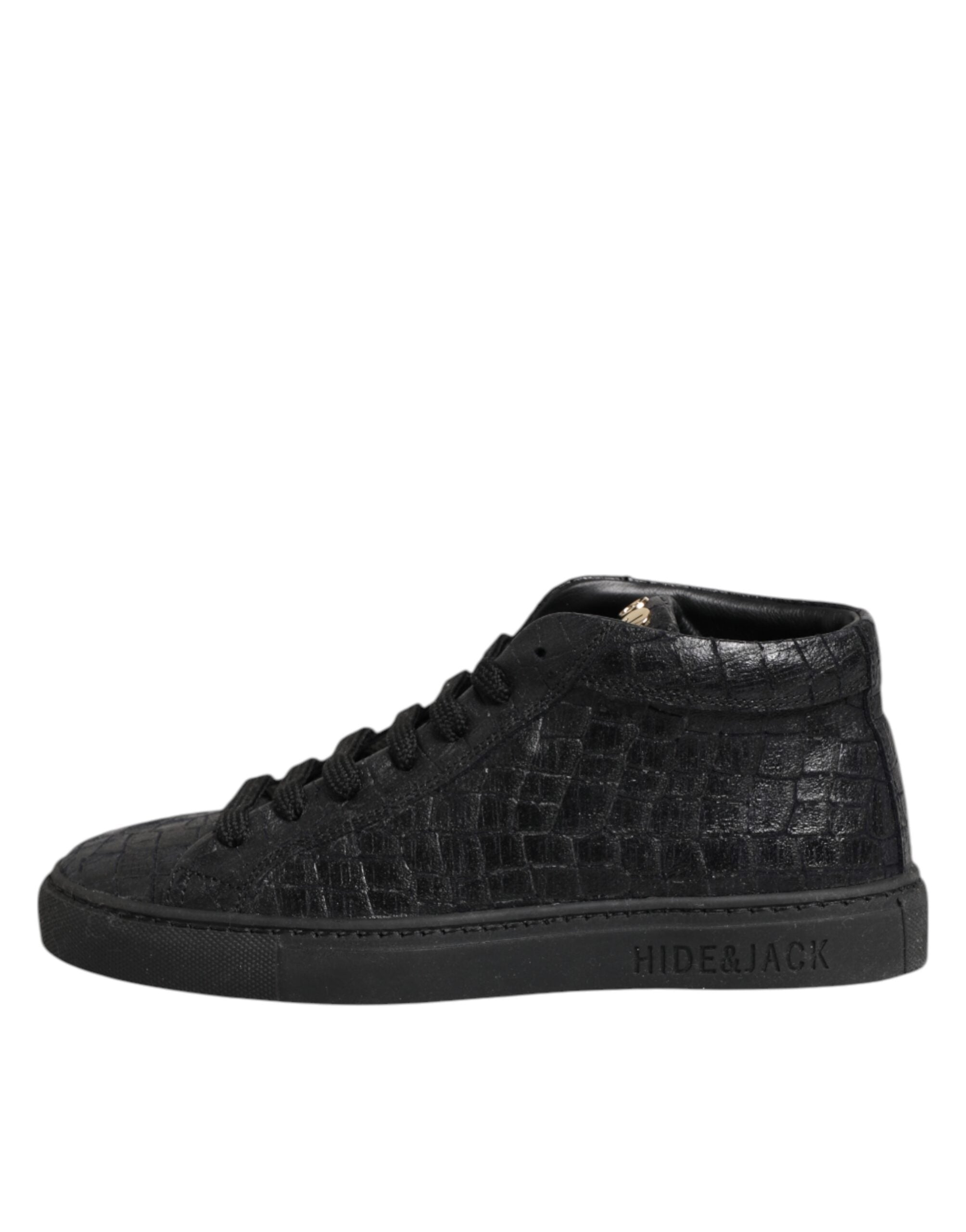 HIDE & JACK Schwarze Leder Schnürsenkel Mid Top Sneakers Schuhe