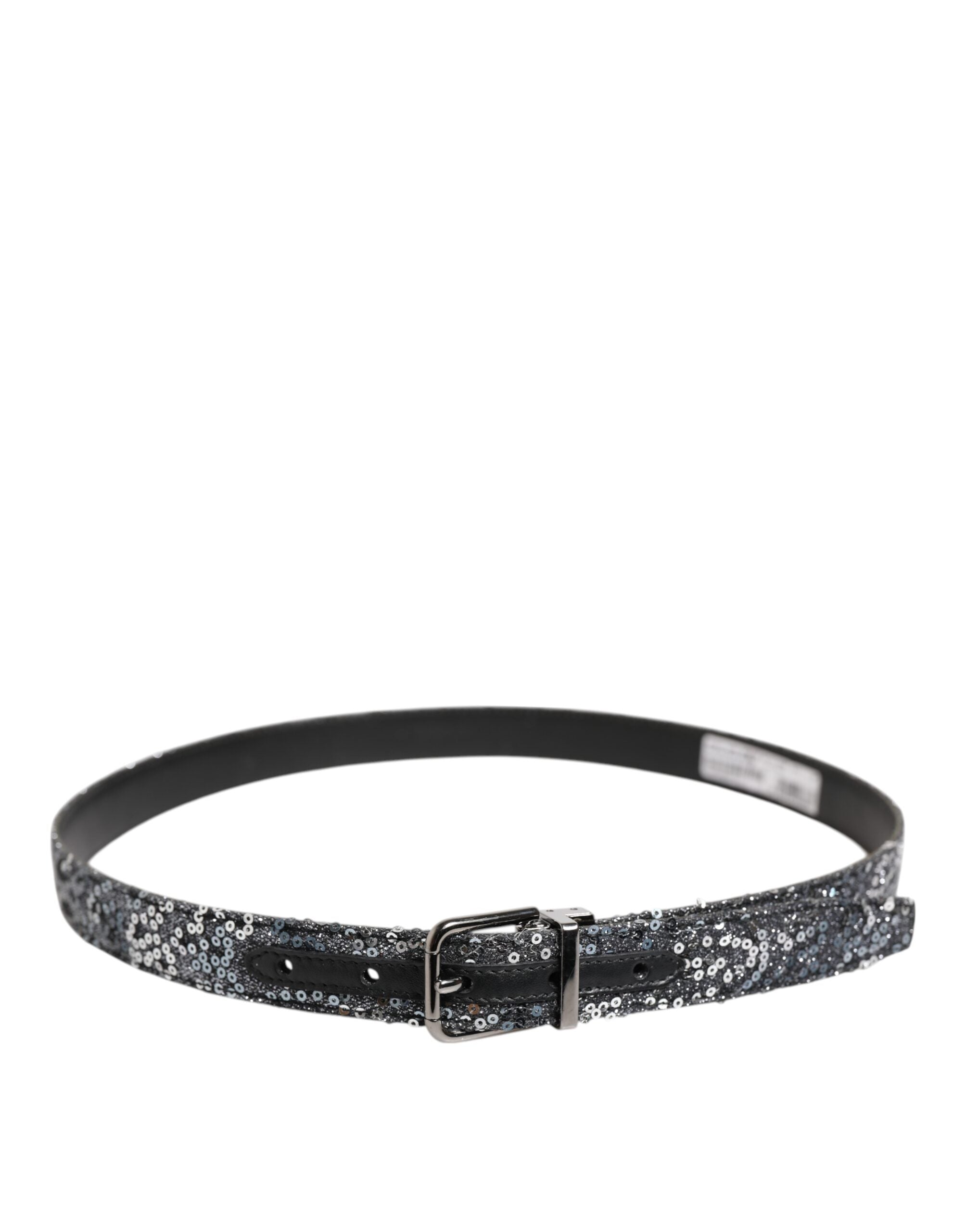Dolce & Gabbana Schwarzer Pailletten Silber Metall Logo Schnalle Gürtel