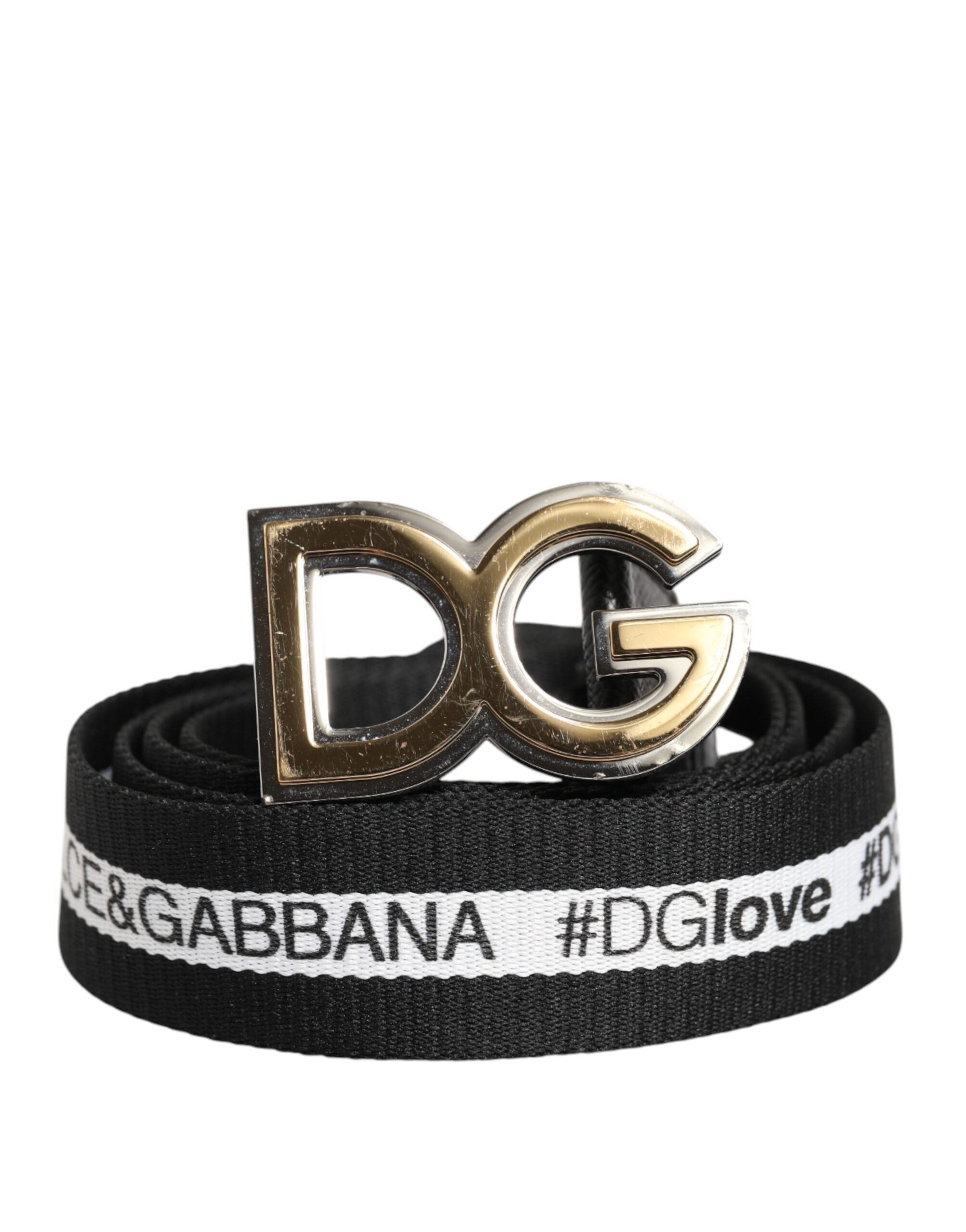 Dolce & Gabbana Schwarzer Baumwollgürtel mit goldfarbener Metallschnalle DG