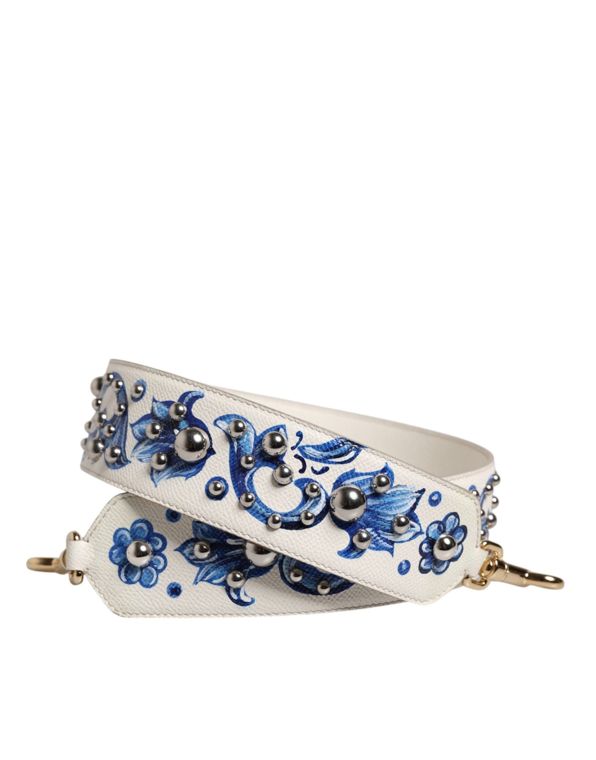 Dolce & Gabbana Weißes blaues geblümtes Leder Nieten Accessoire Schulterriemen
